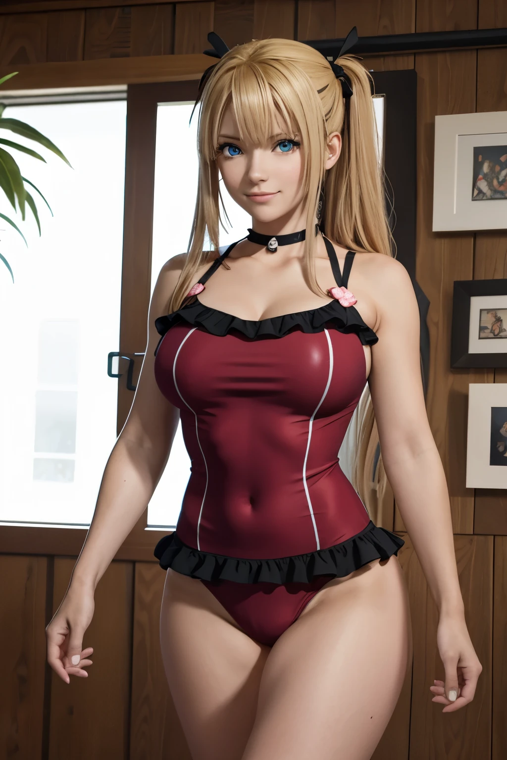 obra de arte, melhor qualidade, {melhor qualidade}, {{obra de arte}}, {high resolution}, 1girls, black nail polish, black nails, blonde hair, blue eyes, choker, eyeliner, female, female only, frilled swimsuit, frills, legs, long hair, nail polish, nipples, one-piece swimsuit, pink swimsuit, presenting, presenting breasts, presenting to viewer, red choker, red scrunchie, shiny hair, shiny skin, simple background, small breasts, smile, solo, strawberry print, swimsuit down, thighs, twintails, wrist scrunchie