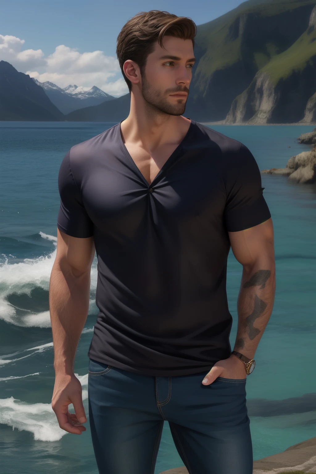 Realistic , handsome man , Loose black shirt, sea backdrop