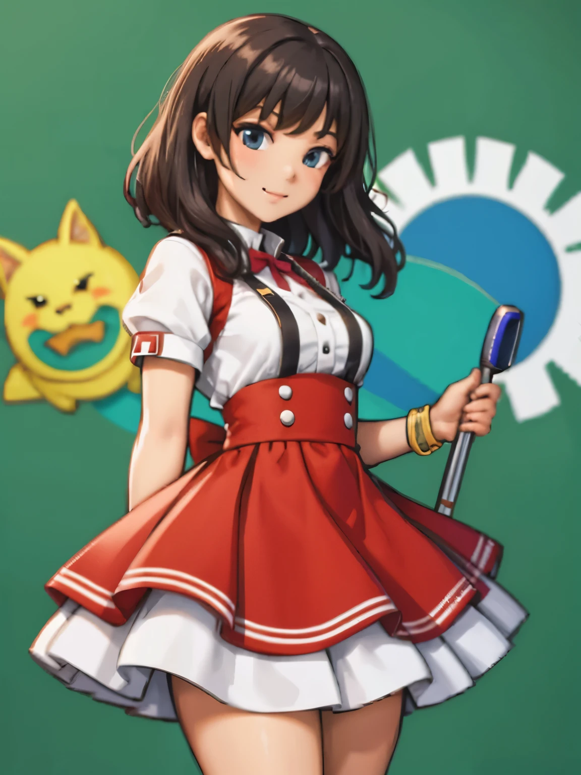 housekeeper, Cabelo loiro, olhos roxos, sorridente