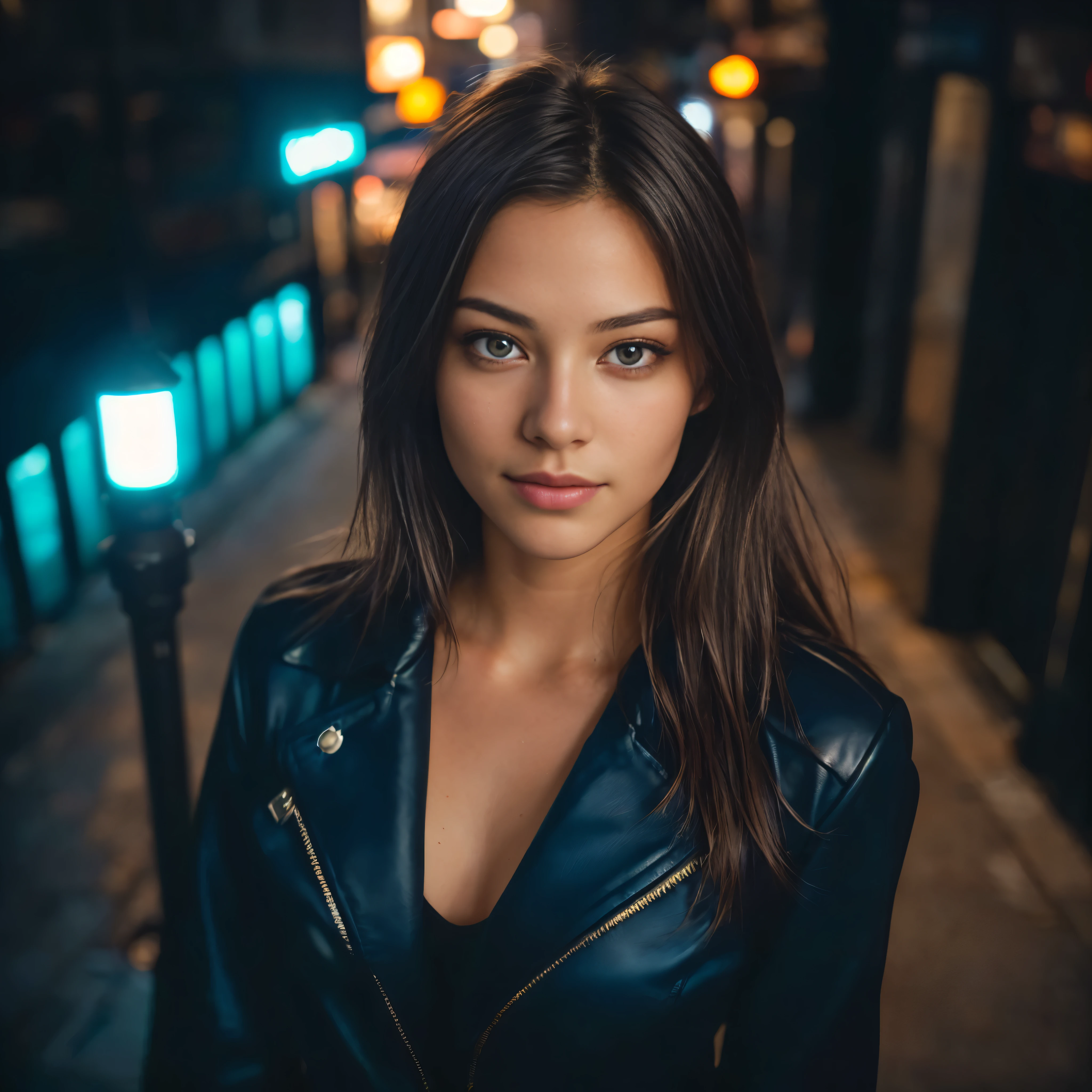 (tomar selfies, aerial view: 1.4), (mitad recta del torso: 1.4), Portrait photo of a 24 year old French girl in RAW UHD format (mujer de ojos azules) Walk down the dark alley, ciudad de noche, Detalles (texturas! , cabello! , reluciente, Color!! , imperfecciones: 1.1), ojos brillantes muy detallados (looking to the camera), DSLR lighting, reflex camera, ultra calidad, nitidez, Profundidad de campo, film grain (Centro), Fujifilm XT3, claro como el cristal, centro del marco, hermosa cara, sharp focus, farola, neon lighting, bokeh (dimly lit), Noche, (cielo nocturno), poros de la piel detallados, piel grasa, suntan, Detalles complejos de los ojos