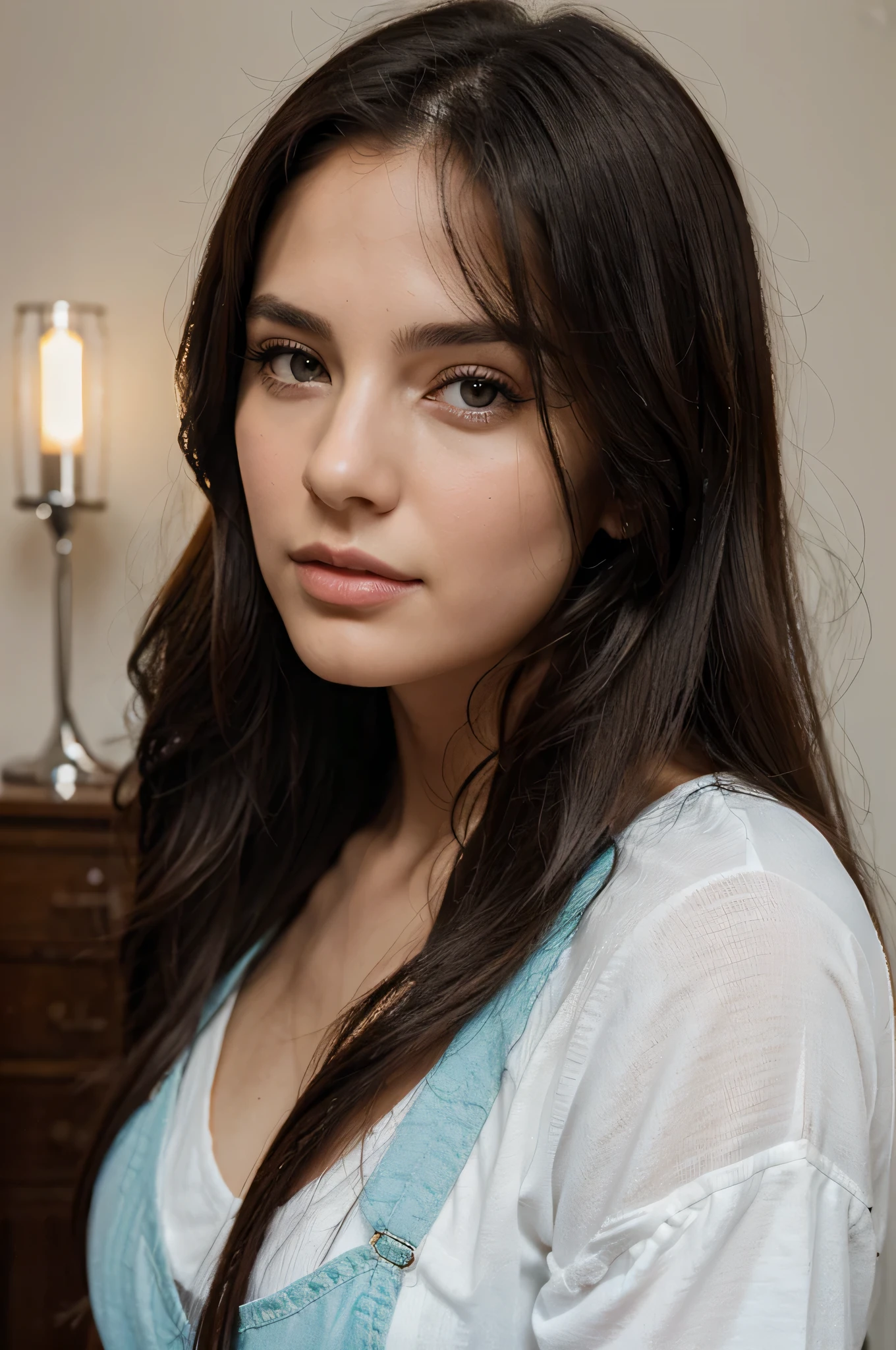 (best quality, realistic:1.37), portrait, 25-year-old girl, long dark hair, beautiful detailed face, 170cm tall, hyper-realistic, super beautiful, vivid colors, studio lighting, camicietta bianca e gonna lunga fino al ginocchio blu
