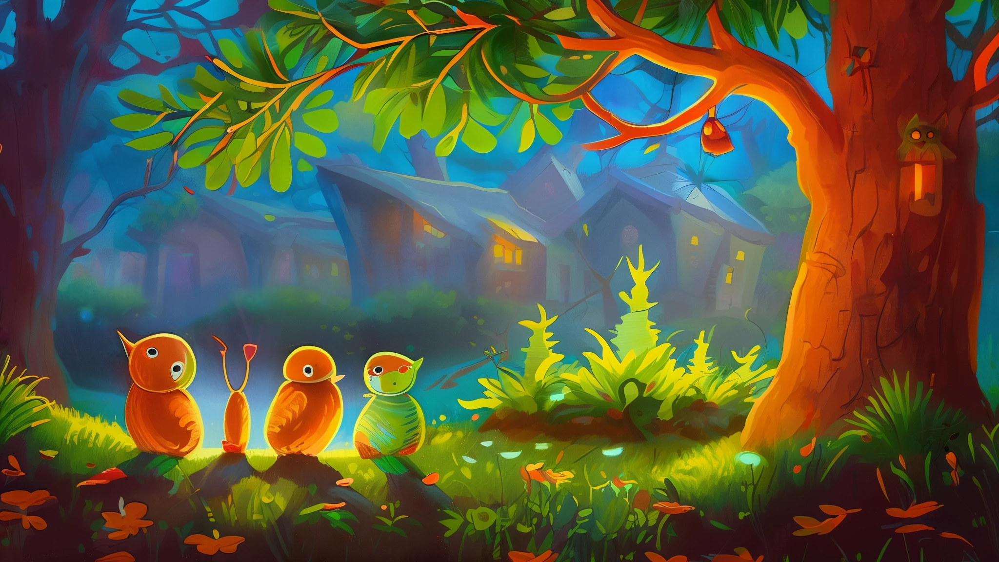 The final scene is set in the cozy, welcoming glow of Milo's home tree. The family and friends gather around, bathed in the soft light of dawn, as Milo shares his adventure. The environment is filled with the comfort of community and the thrill of new stories to tell. The scene closes with a sense of accomplishment and the promise of future nocturnal explorations, as the first light of dawn hints at the endless possibilities. (owls) (firefly) (birds) 