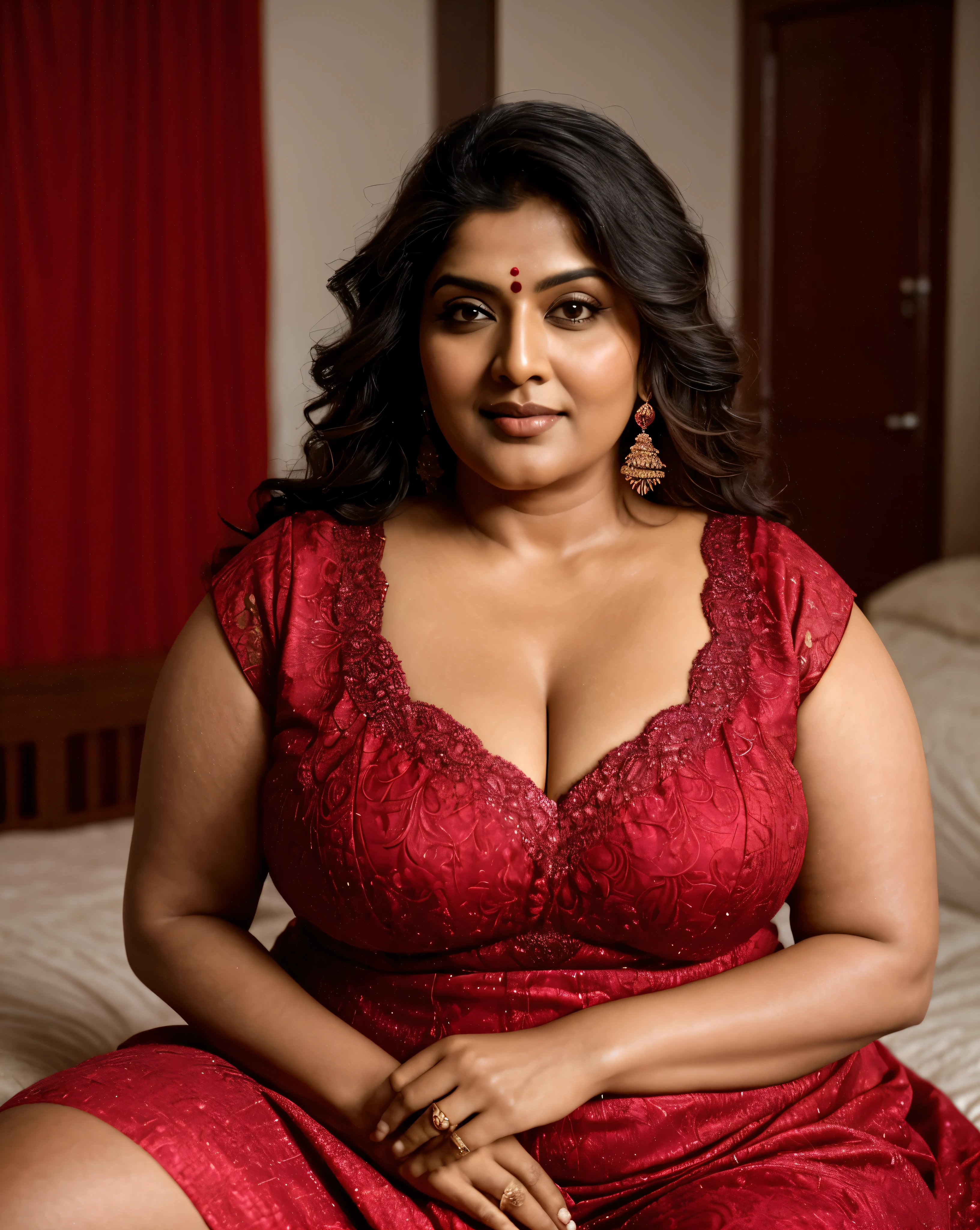 Looks like Indian Actress khushboo Sundar, actress khusbu Sundar, mallu, mallu aunty, desi aunty, full figured mature beauty, attractive figure, 48 years old, desi milf, desi aunty, a close up of a woman in a red dress in a bedroom, inspired by Avigdor Arikha, sleek!!!, indian super model, wavy hair combed to one side, actress, by Jitish Kallat, smoldering, intense smoldering, fashion, an angel, print ready, with a dramatic looking, inspired by Sudip Roy, seductive look