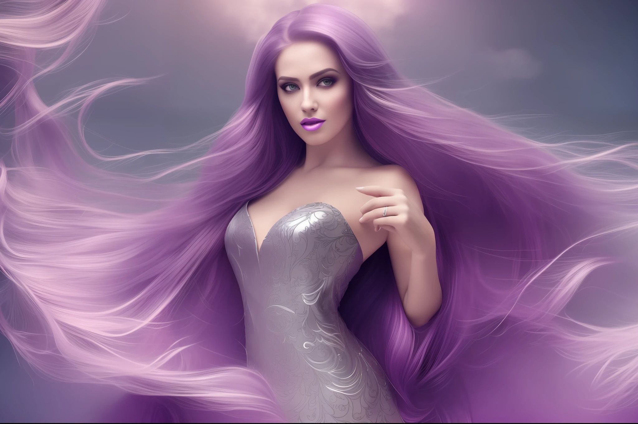 masterful portrait) (Prompt B: ultra-high resolution CG art) (Prompt C: magnificent beauty) (Prompt D: mysterious atmosphere) (Prompt E: flowing hair, silver hair, purple eyes, purple lips, red dress, long nails, floating)