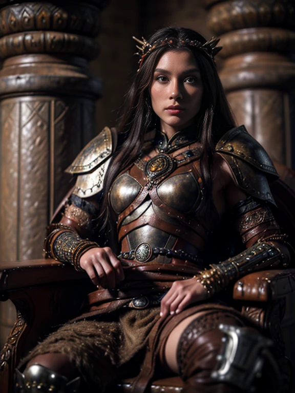 (16k, ultra detailed image, perfect-skins), (Full-length photo 1:1), Conan the barbarian univers, heroic-fantasy, 25 years old, Beautiful face,  cimerian queen, long  hair, (skinny body : 1.3), large  eyes, leather and fur armor, partial femal  armor, She sits on a stone throne decorated with skulls.