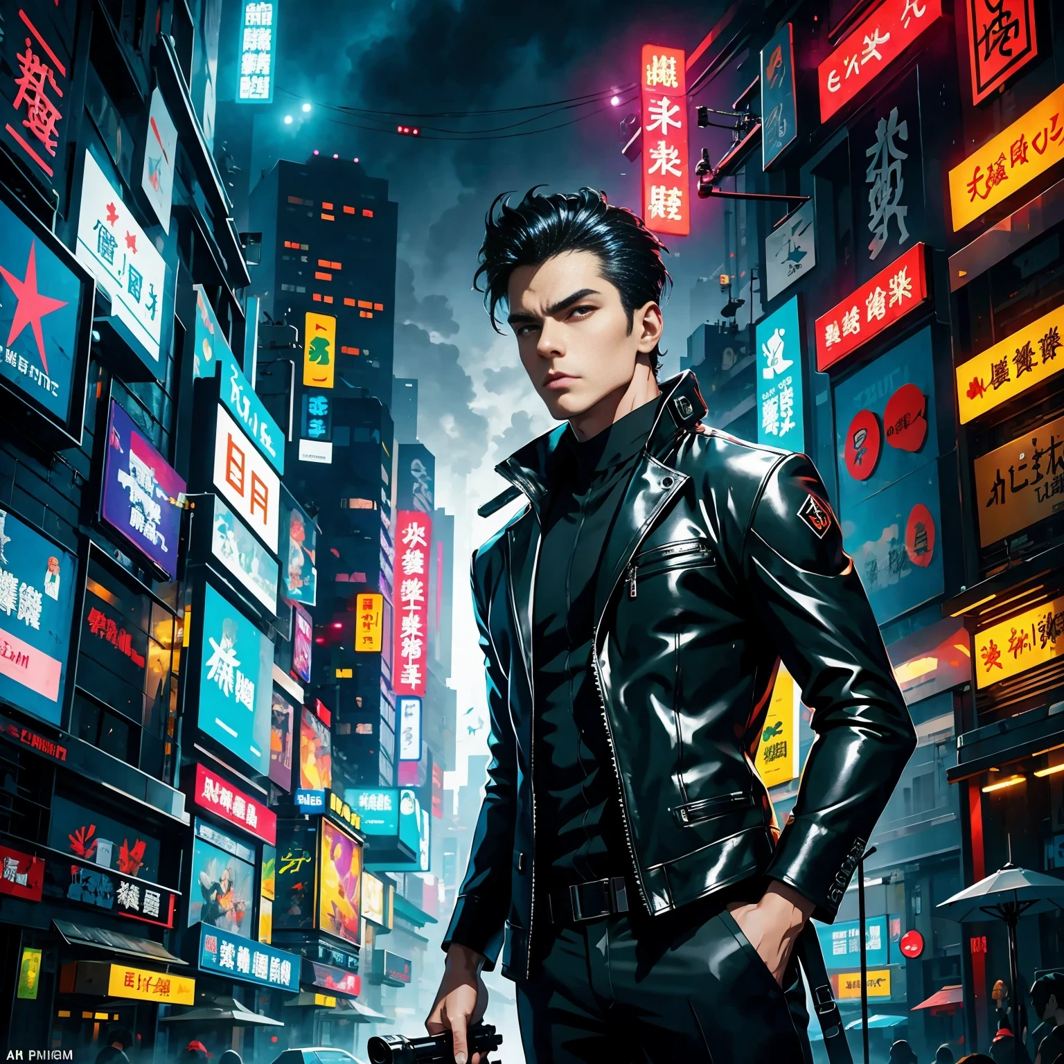 (masterpiece, best quality:1.2), Graffiti caricatures，full image, High resolution and high contrast,simple,rainy night，Futuristic male agent, His face is very determined, intense gaze, shiny black hair, Detailed futuristic silver pistol,,wearing black suit,, Stylish and well-fitting, dynamic action poses, Light, futuristic city background, neon Lights, Sci-fi atmosphere, strong shadow, smoke and fog, High-tech products, 神秘的Light环，alone，Abstract surreal colors, popular geometric surrealism, rainbow colored dreams