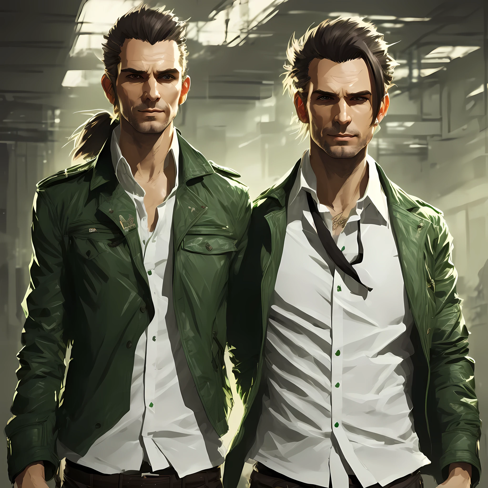 A , brown ponytail, white skin, short man, green eyes, masterpiece, punk jacket, white shirt, green tie, open shoulders, open sleeves, light smile, flower, quiet, restrained, (concept art)