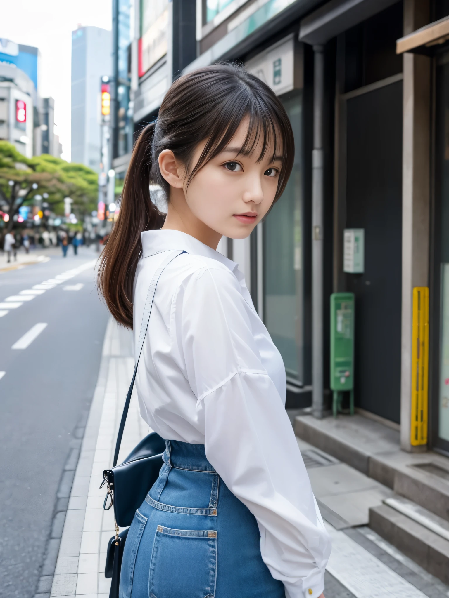 Photoreal, 8K full-length portrait, Beautiful woman, attractive look, Clear system, 16 years old, Tokyo, 2024, spring, Shibuya in the background
