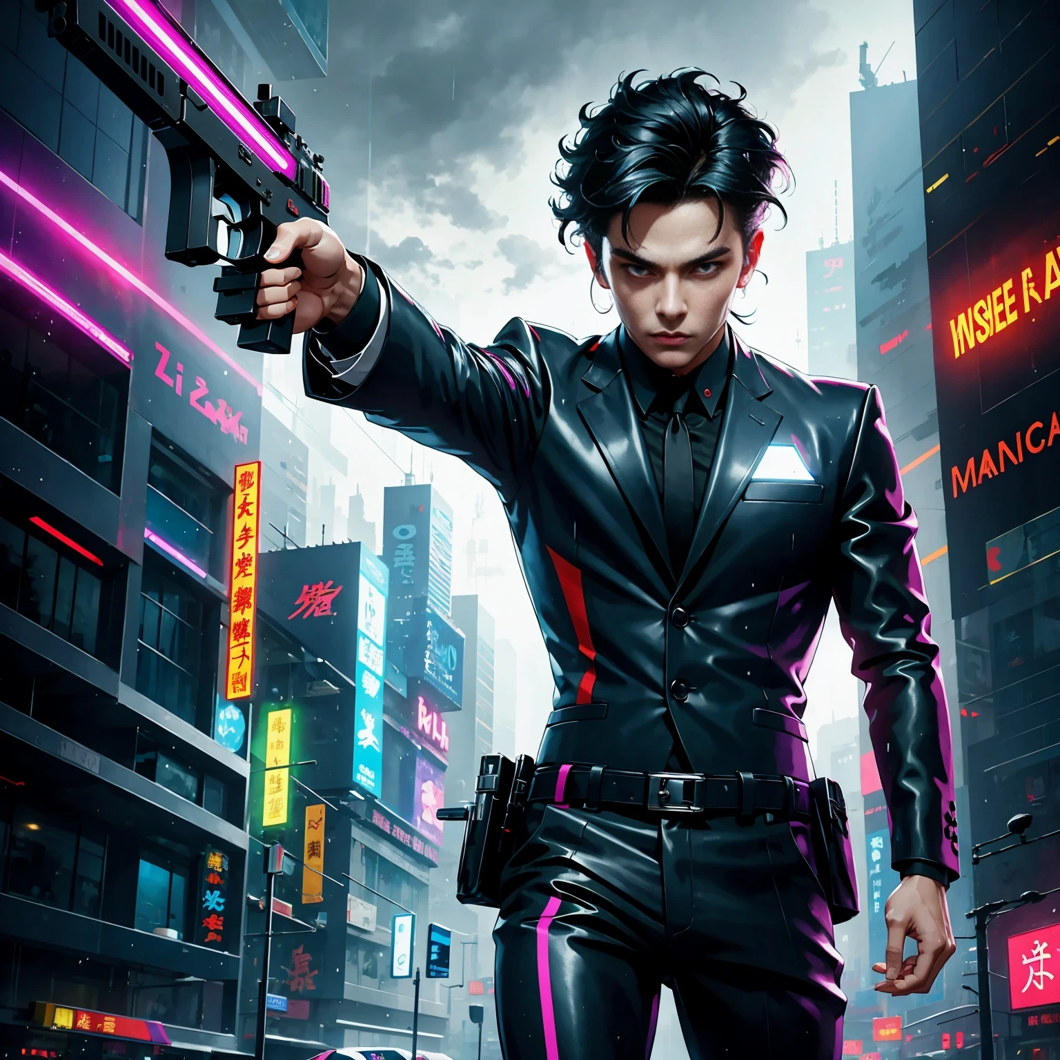 (masterpiece, best quality:1.2), Graffiti caricatures,full image, High resolution and high contrast,simple,rainy night,Futuristic male agent, His face is very determined, intense gaze, shiny black hair, Detailed futuristic silver pistol,,wearing black suit,, Stylish and well-fitting, dynamic action poses, Light, futuristic city background, neon Lights, Sci-fi atmosphere, strong shadow, smoke and fog, High-tech products, 神秘的Light环,alone,Abstract surreal colors, popular geometric surrealism, rainbow colored dreams