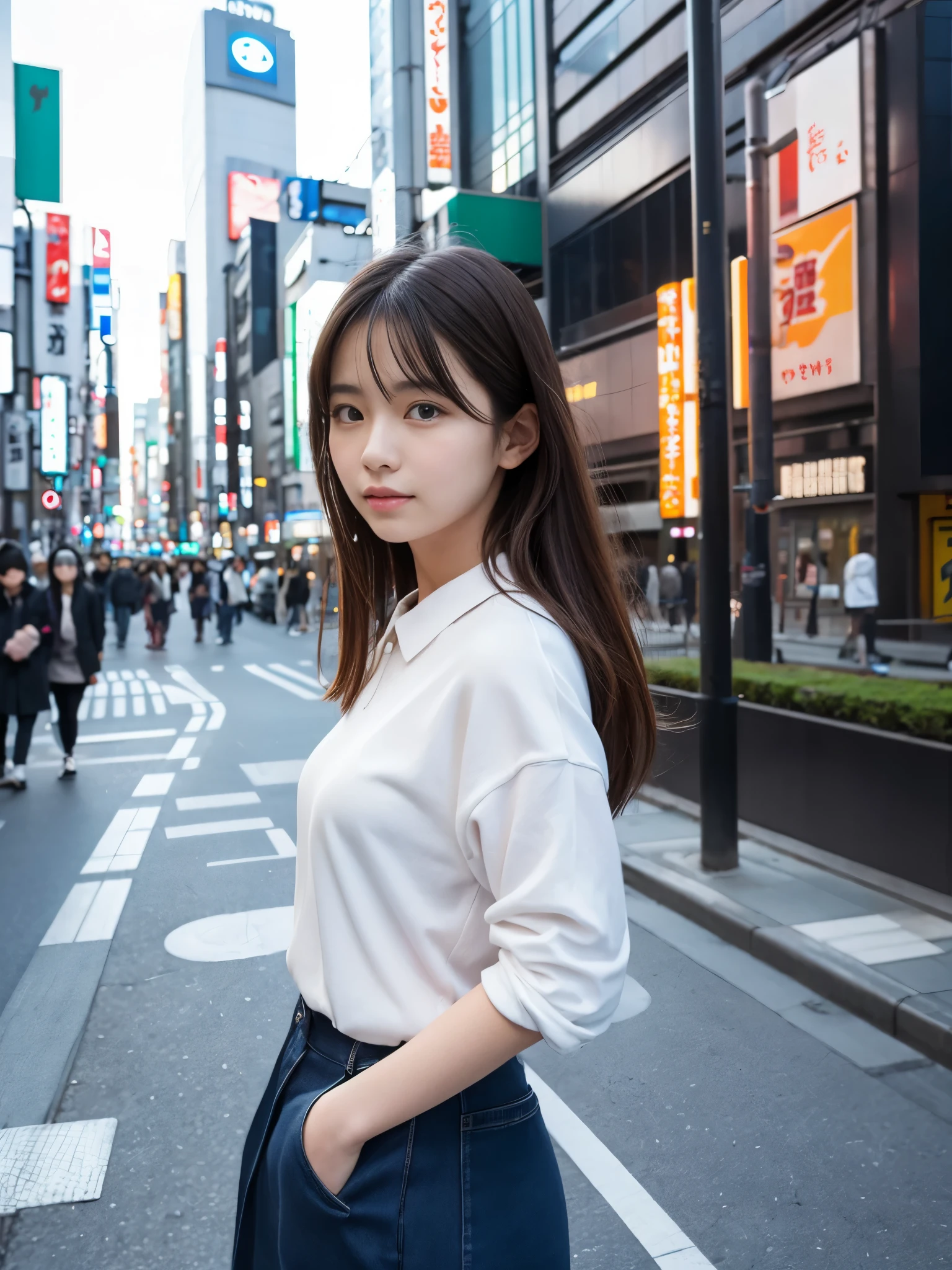 Photoreal, 8K full-length portrait, Beautiful woman, attractive look, Clear system, 16 years old, Tokyo, 2024, spring, Shibuya in the background