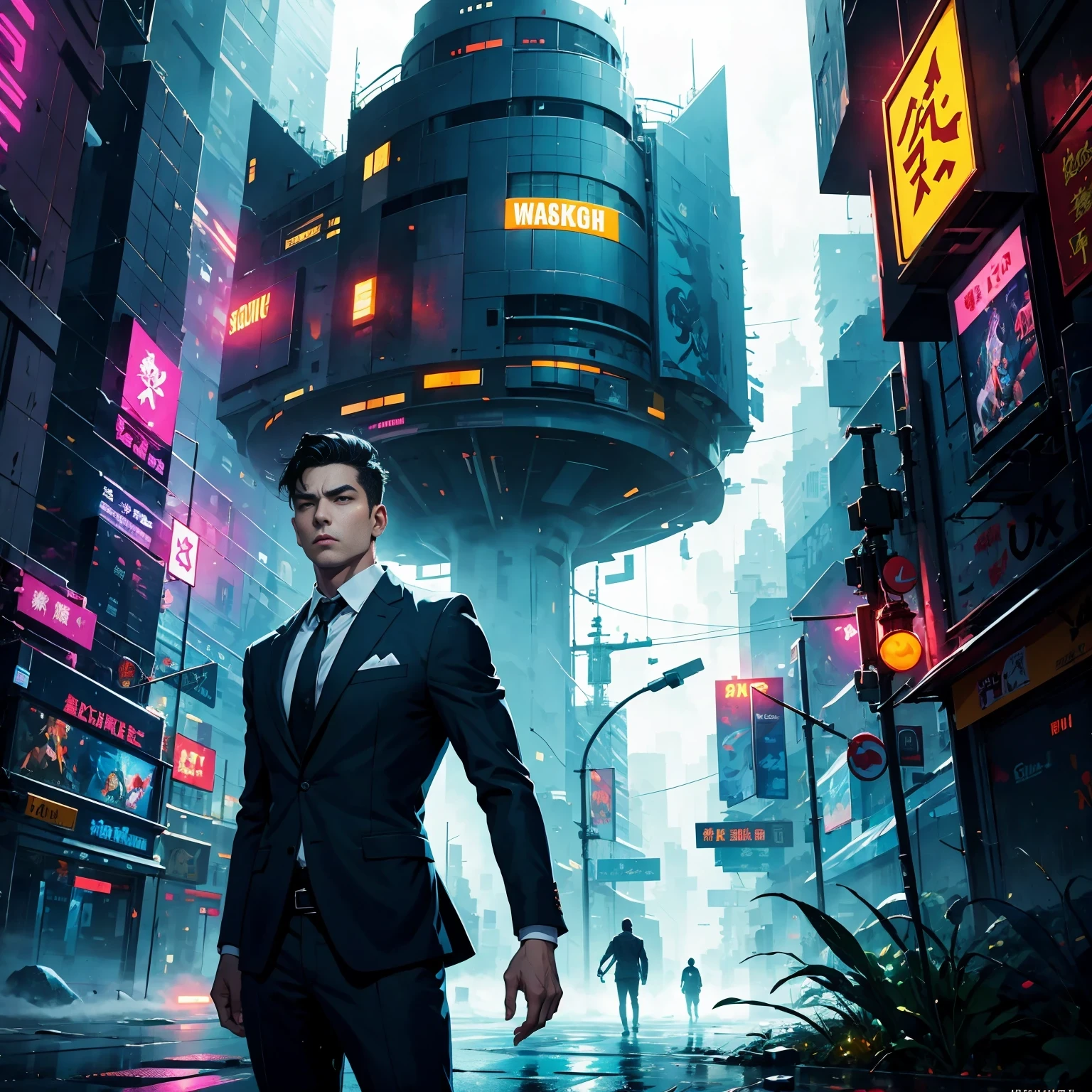 (masterpiece, best quality:1.2), Graffiti caricatures，full image, High resolution and high contrast,simple,rainy night，Futuristic male agent, His face is very determined, intense gaze, shiny black hair, Detailed futuristic silver pistol,,wearing black suit,, Stylish and well-fitting, dynamic action poses, Light, futuristic city background, neon Lights, Sci-fi atmosphere, strong shadow, smoke and fog, High-tech products, 神秘的Light环，alone，Abstract surreal colors, popular geometric surrealism, rainbow colored dreams