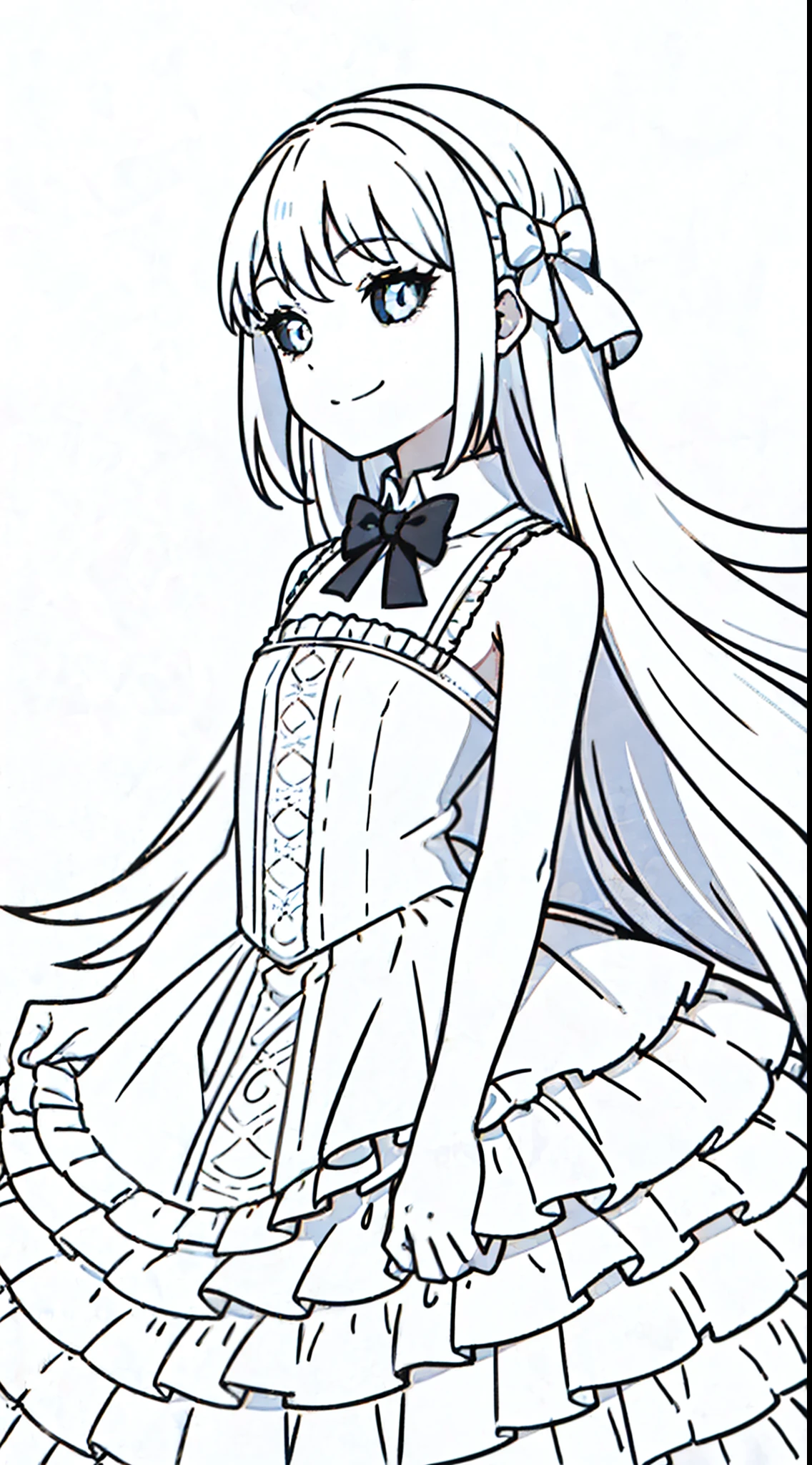 (1girl,,small),long hair,white hair,white dress,sleeveless,bow tie,bare shoulders,smile,(white background,line drawing),black sclera