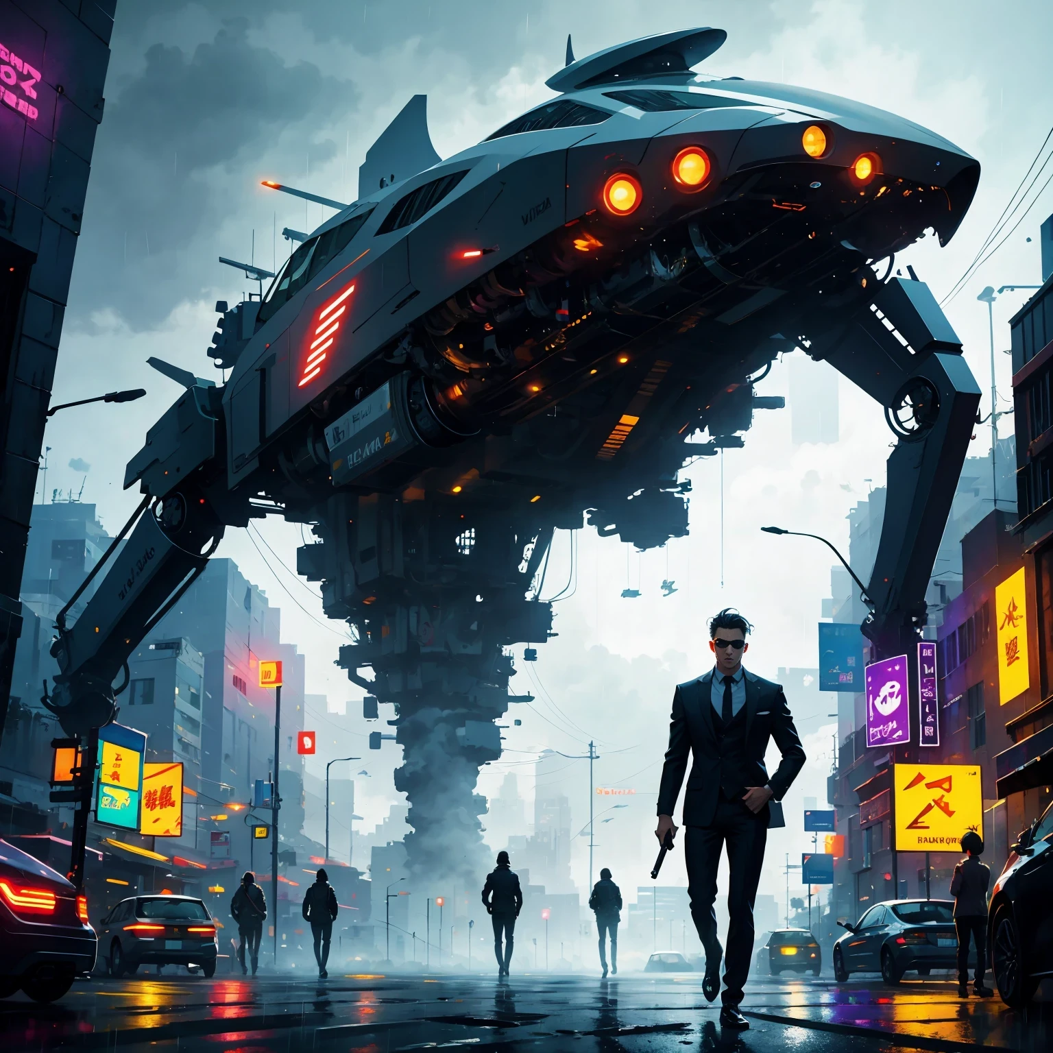 (masterpiece, best quality:1.2), Graffiti caricatures, full image, High resolution and high contrast,simple,rainy night，futuristic agent, His face is very determined, intense gaze, shiny black hair, Detailed futuristic silver pistol,,wearing black suit,, Stylish and well-fitting, dynamic action poses, Light, futuristic city background, neon Lights, Sci-fi atmosphere, strong shadow, smoke and fog, High-tech products, 神秘的Light环，alone，Abstract surreal colors, popular geometric surrealism, rainbow colored dreams