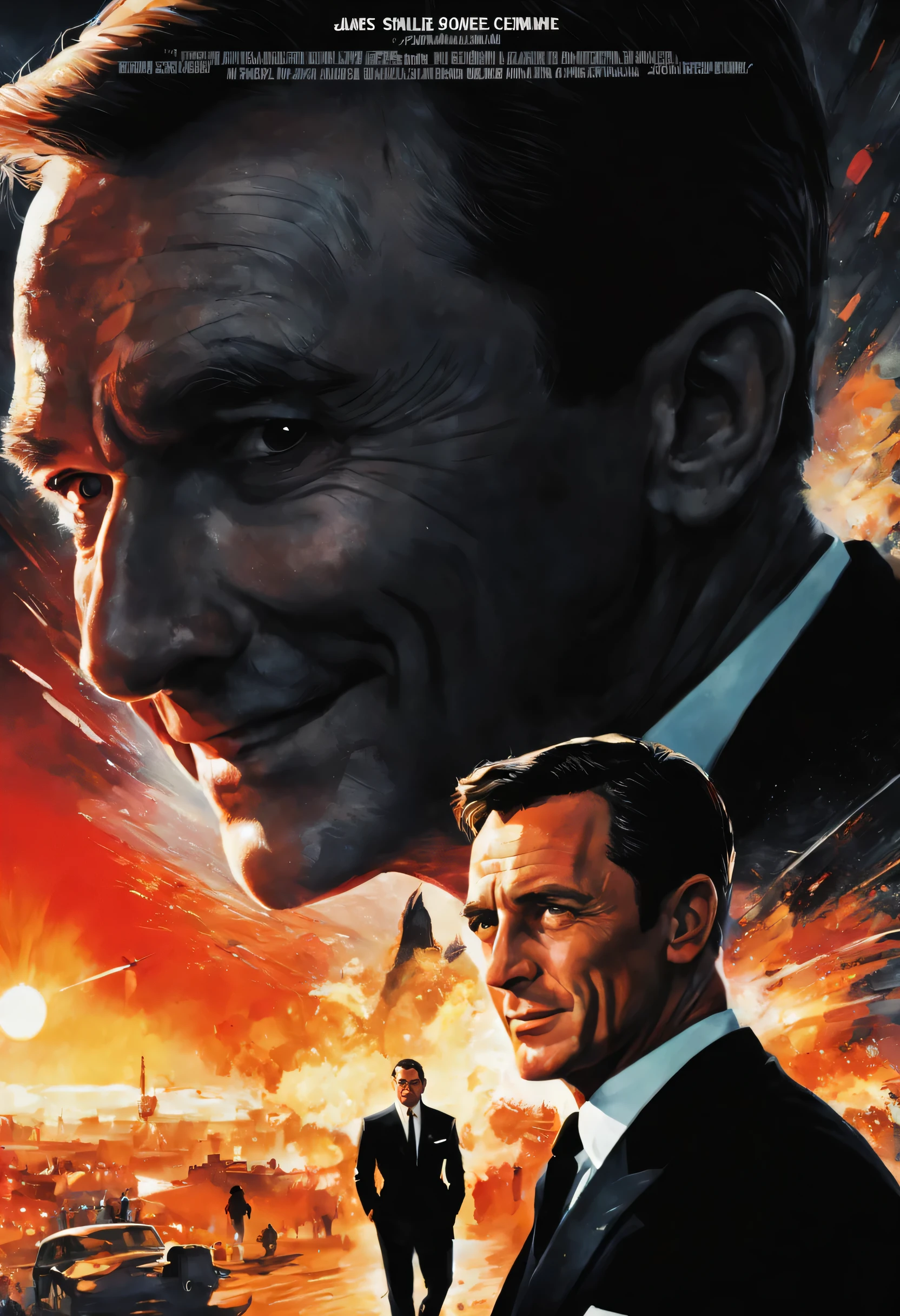Smiling man in a black suit:There'Another man is staring behind him...,cold war,The conflict beneath the smile,On the surface we get along fine,background:what do you express'I'm in your heart:recognize each other as enemies.,movie poster,nice,James Bond,masterpiece,Award-winning work,,Snazzy,british movies,beautiful light and shadow,Man in the shade,be familiar with