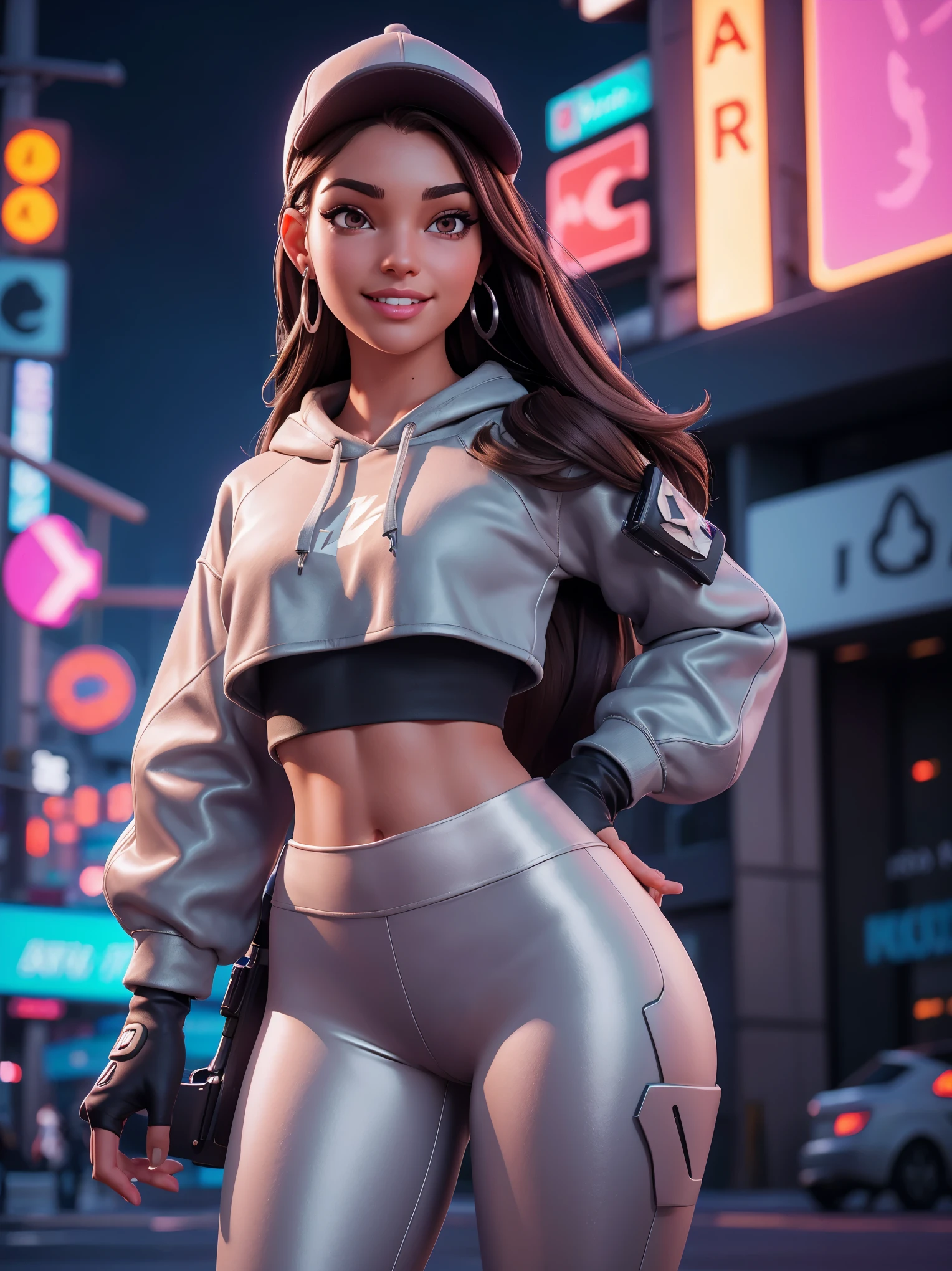 1girl, beautiful, smirk, wearing a hat, earrings, silver sweatshirt, silver_butt sculpting leggings, long hair, brown hair, mascara, nose lips, standing, midriff, naval, earrings, (realistic:1.5), cyberpunk, neon city, neon lights, 3d, cgi, volumetric lightning looking back at the viewer, smile