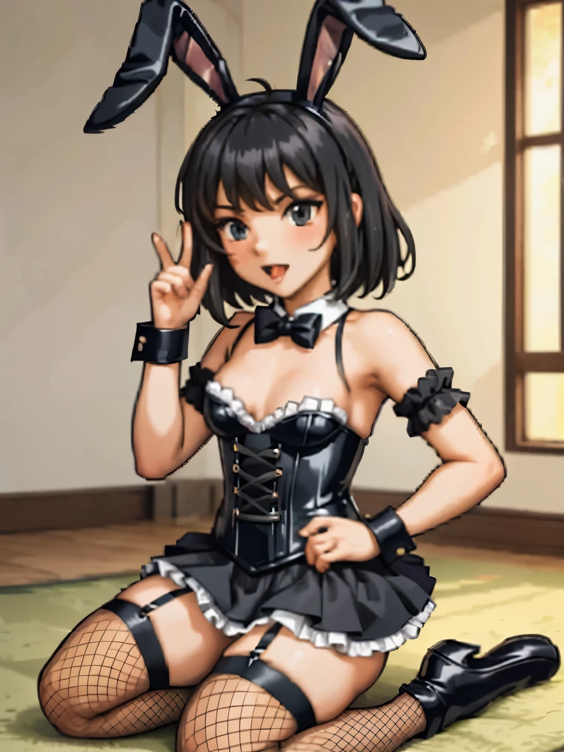 obra de arte, melhor qualidade, {melhor qualidade}, {{obra de arte}}, {high resolution}, alternate costume, armbands, black hair, bunny boy, bunny ears, bunny tail, corset, crossdressing, fake animal ears, fishnet legwear, fishnet thighhighs, fishnets frills, full body, garter straps, kneeling, leotard, lingerie, looking at viewer, male, male only, open mouth, solo, thighhighs, tongue out, tutu, wrist cuffs