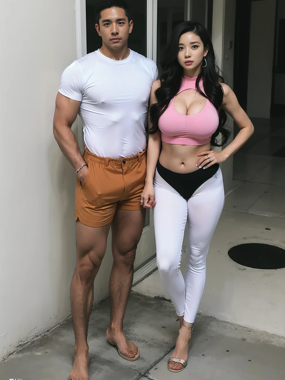 highly detailed ,8k , highest quality, (original photo:1.2),((male and female couple:1.3))、((standing:1.5))、(Boy kisses girl:1.2)、(boy wearing pants、muscular boy、abdominal muscles:1.6)、(The girl is wearing a yoga outfit、huge breasts、Long curly hair、Perfect body、slender legs、Sexy high heels:1.2)。
