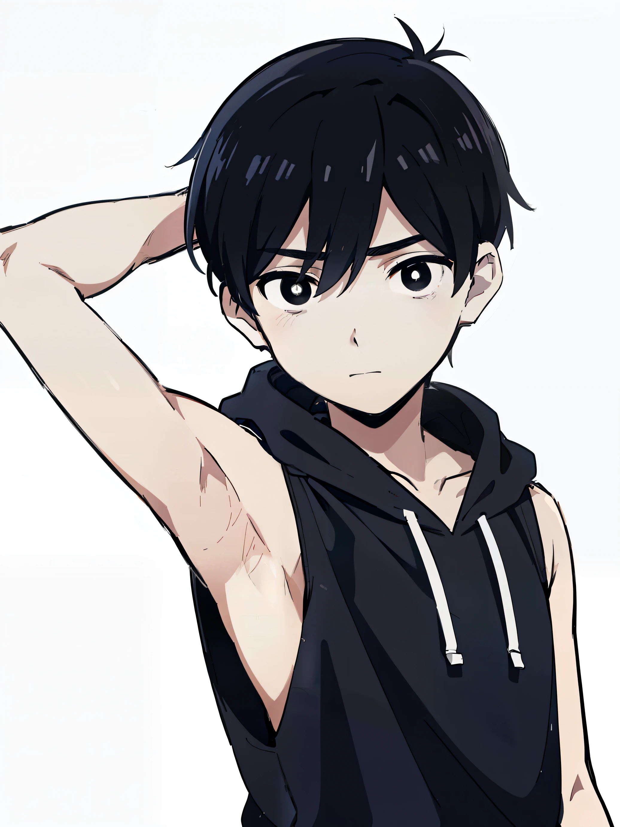 Anime style, monochrome,tcoaal, solo, looking at viewer, short hair, 1boy, Omori, Shota, closed mouth,black hair, (Armpit:1.3), Sleeveless hoodie, male focus, Simple background, bright pupils, outline, white pupils, Black hoodie, white outline,