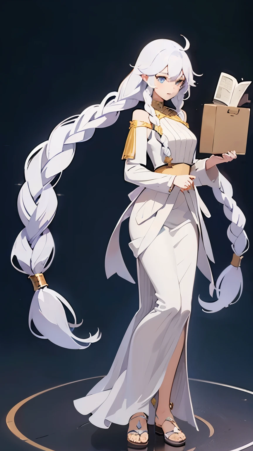 Mysterious girl, long white hair, braid hairstyle, floor-length braid, full-length, beautiful, fantasy, many details, concept
