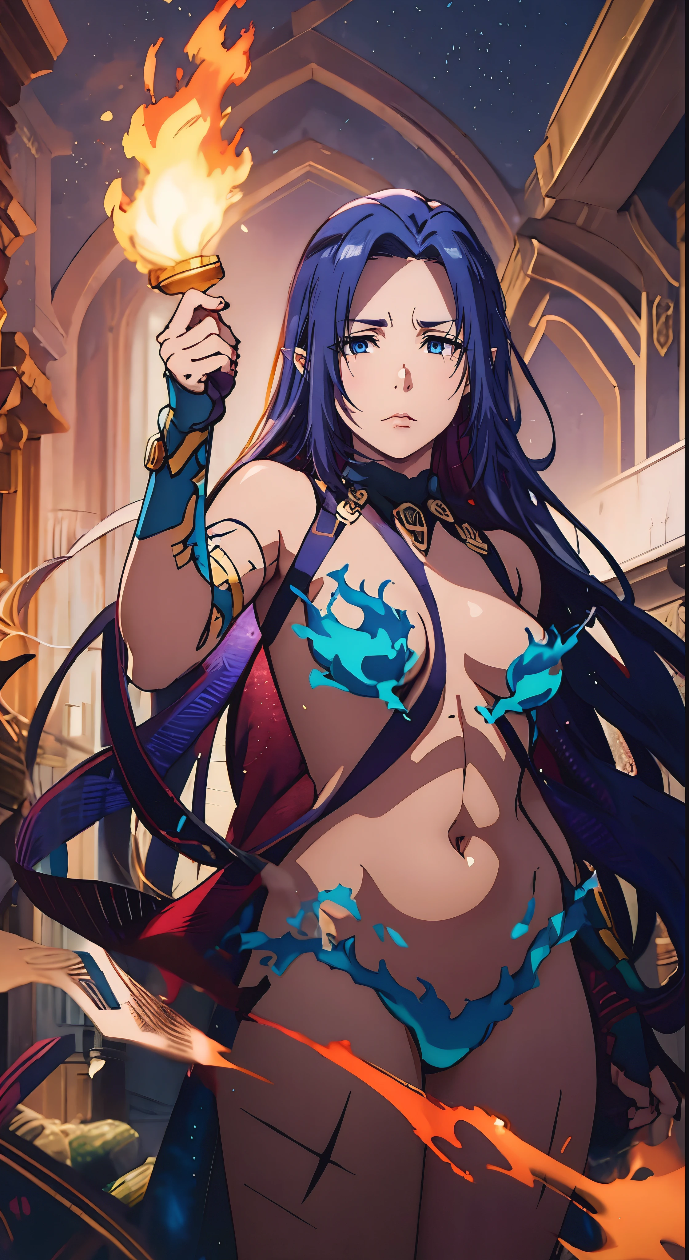 dark-blue hair,long hair,pointy ears,anatomically correct, fire, 1girl, solo, weapon, holding, chain, jewelry, standing, lips, magic, looking_at_viewer, closed_mouth, holding_weapon, outfit-km, blue fire, flame, burning, "Photorealistic, Hyperrealistic, Hyperdetailed, analog style, soft lighting, subsurface scattering, realistic, heavy shadow, masterpiece, best quality, ultra realistic, 8k, golden ratio, Intricate, High Detail, film photography, soft focus"