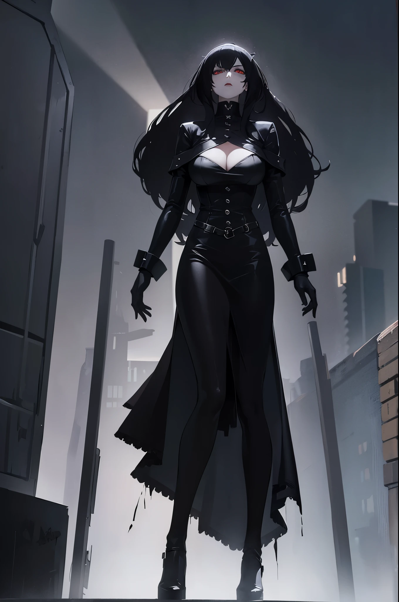 Giant woman, towering over camera, gothic, goth woman, giant, tall, slim, pale, black hair, really giant, towering over people, black clothes, leather clothes, goth girl, goth, blood everywhere blood