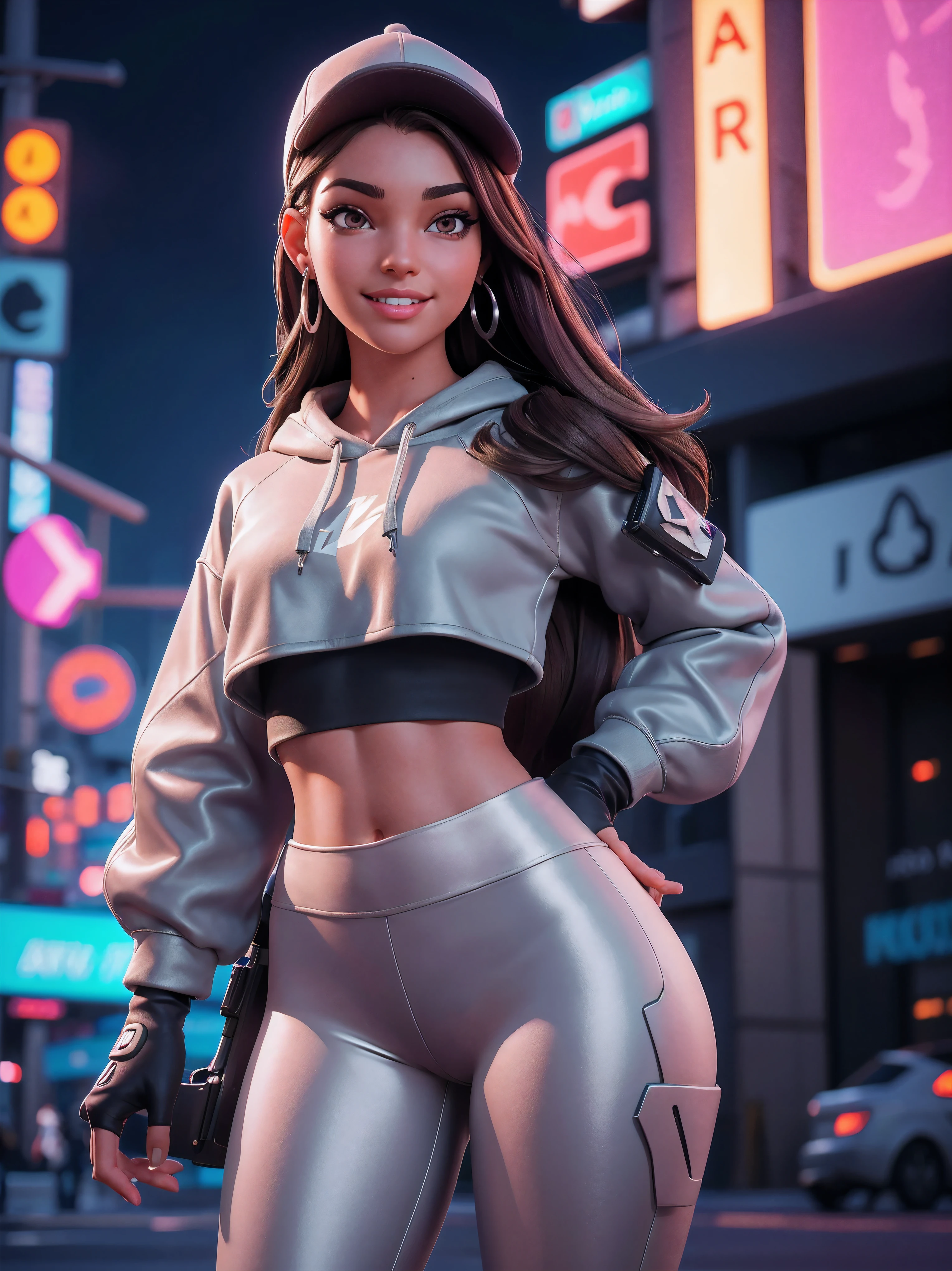 1girl, beautiful, smirk, wearing a hat, earrings, silver sweatshirt, silver_butt sculpting leggings, long hair, brown hair, mascara, nose lips, standing, midriff, naval, earrings, (realistic:1.5), cyberpunk, neon city, neon lights, 3d, cgi, volumetric lightning looking back at the viewer, smile