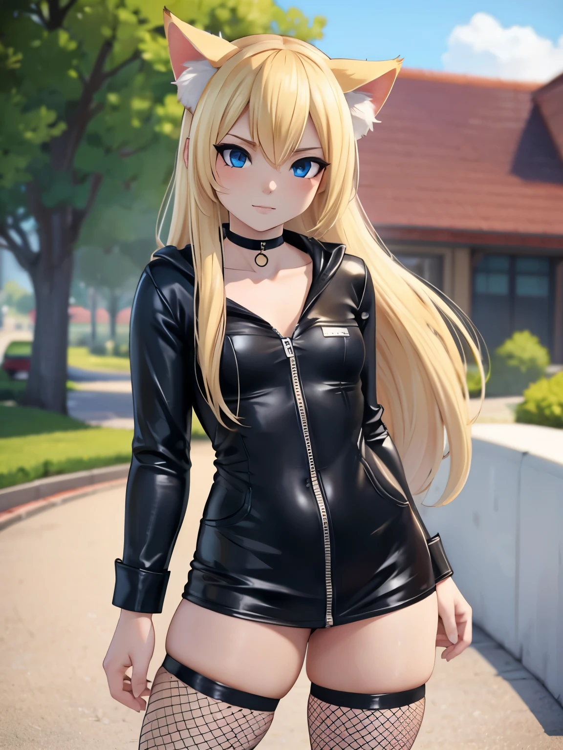 4k, Realista, muito detalhe, 1female, 1girls, blonde female, blonde hair, blue eyes, breasts, cat ears, cat tail, catgirl, choker, female, female focus, female only, fishnets, looking at viewer, partially clothed, , small, small breasts, thigh highs, thighs