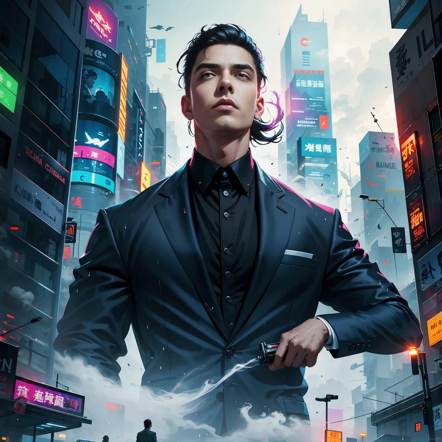 (masterpiece, best quality:1.2), Graffiti caricatures,full image, High resolution and high contrast,simple,rainy night,Futuristic male agent, His face is very determined, intense gaze, shiny black hair, Detailed futuristic silver pistol,,wearing black suit,, Stylish and well-fitting, dynamic action poses, Light, futuristic city background, neon Lights, Sci-fi atmosphere, strong shadow, smoke and fog, High-tech products, 神秘的Light环,alone,Abstract surreal colors, popular geometric surrealism, rainbow colored dreams
