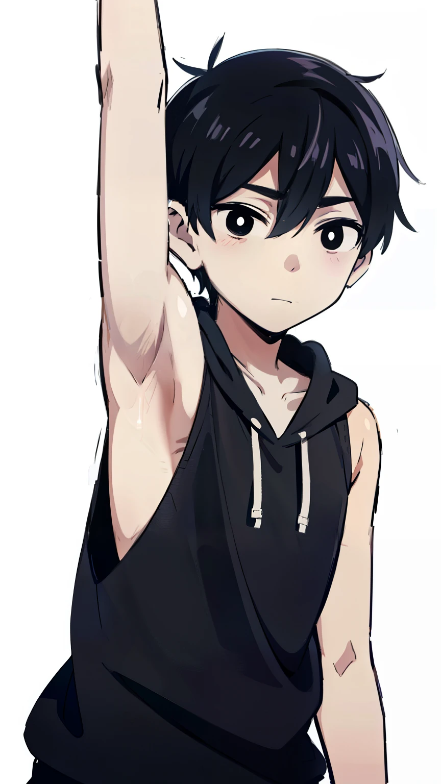 Anime style, monochrome,tcoaal, solo, looking at viewer, short hair, 1boy, Omori, Shota, closed mouth,black hair, (Armpit:1.3), Tank top, male focus, Simple background, bright pupils, outline, white pupils, Black hoodie, white outline,