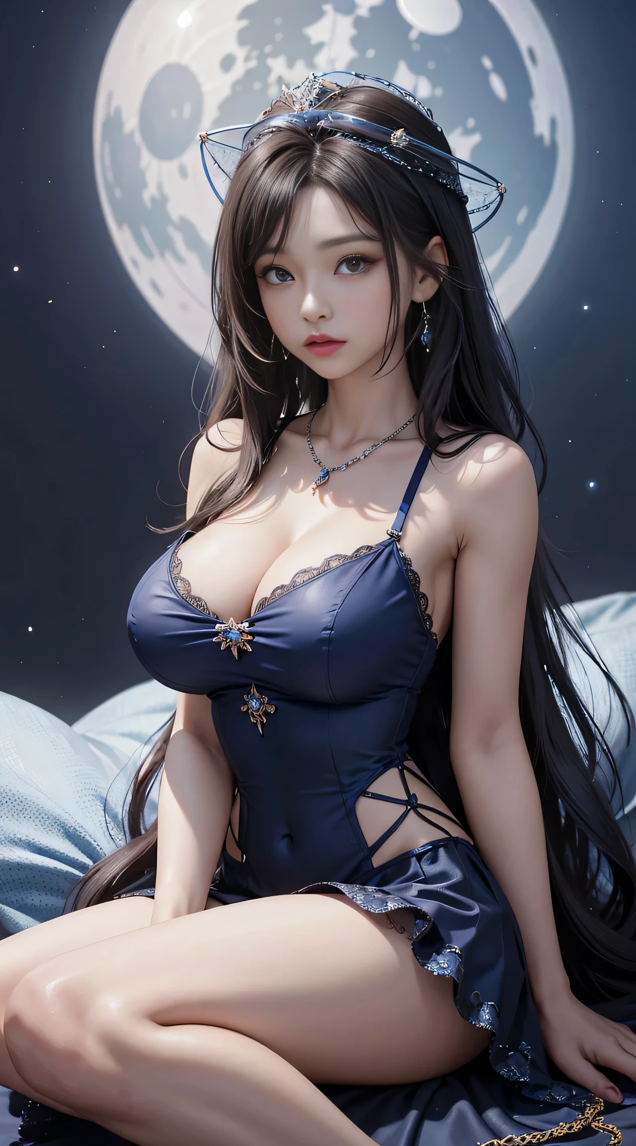 sfw, 4K ultra hd, masterpiece, a cute girl, long hair, princess hairstyle, princess dress, dark blue crystal dress, bare waist, lace, necklace, princess hat, moon background, sitting,, wearing bra,((skinny waist)), young asian girl, ((big breasted)),