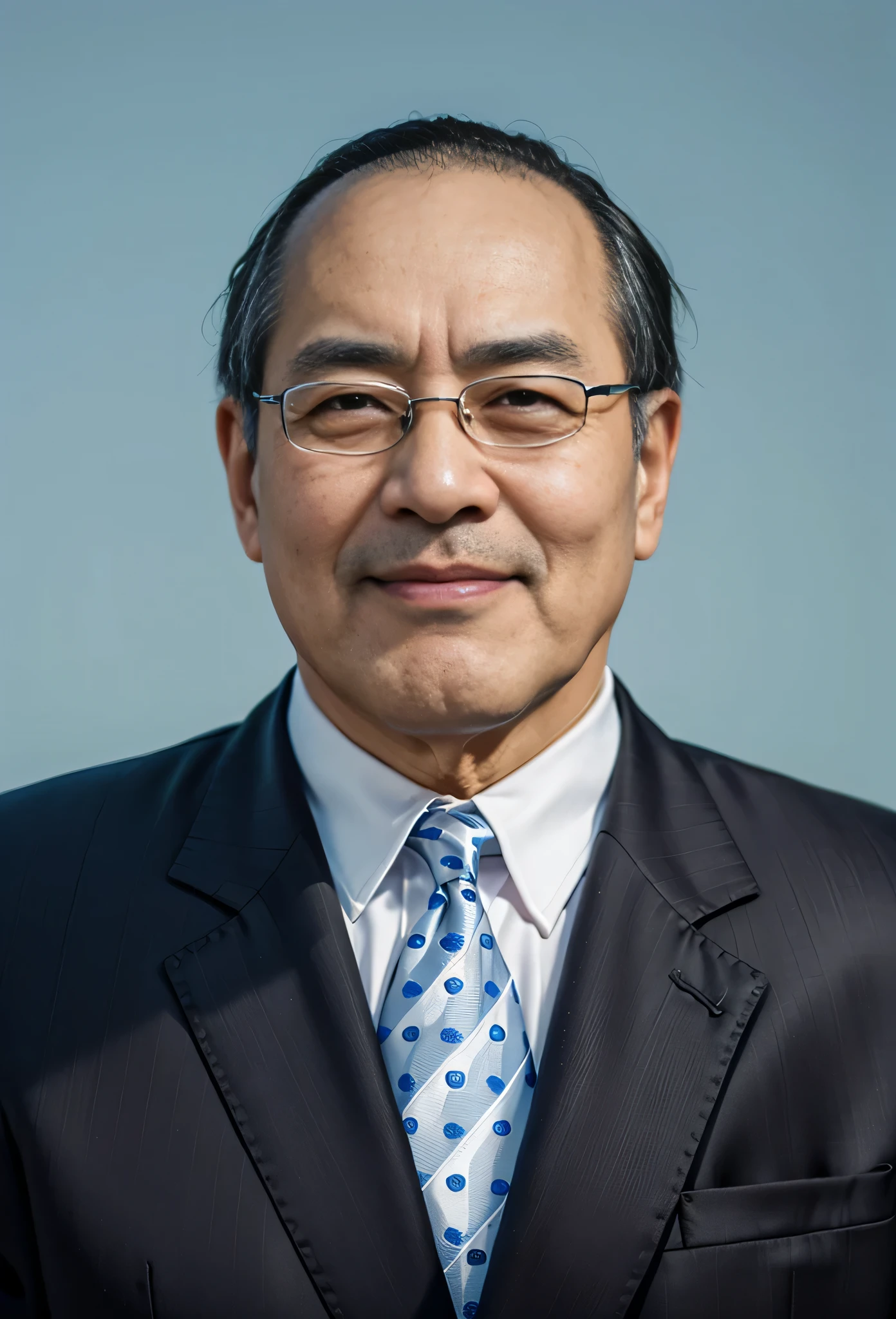 Highly realistic photo, ((masterpiece), (best quality), (raw photo), (photorealistic:1.4), Portrait of Vietnamese old man, 75 years old, ((black hair)), ((wearing a dark suit)), ((light blue background)), photo taken by Sony A7IV
