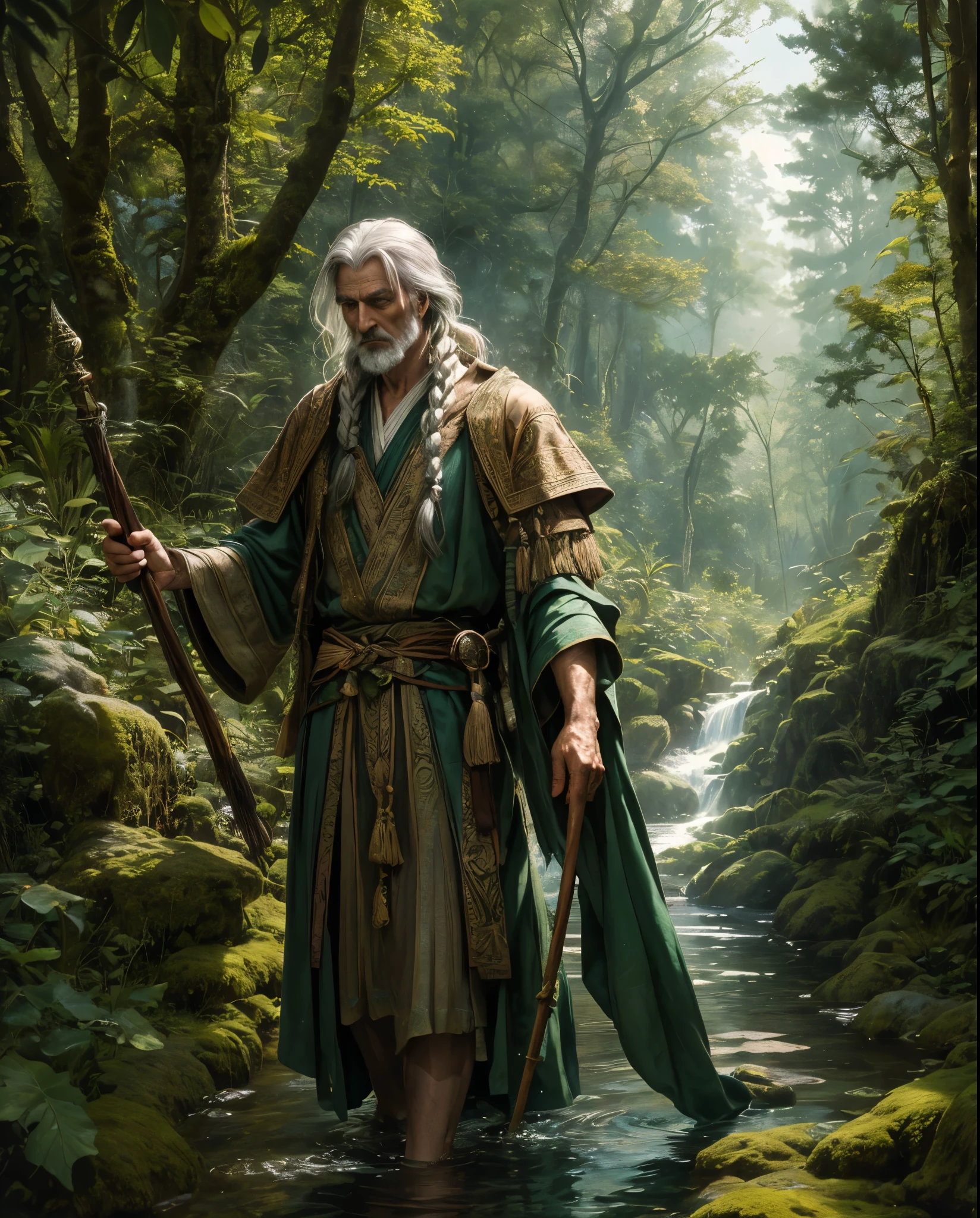 "Elder Arannis, figure of wisdom, age, and tranquility, tall and slender, slightly stooped form, fluid and graceful movements, skin weathered and etched with age, hues like tree bark, vibrant green eyes deep as the forest, white hair in loose waves with small braids and nature tokens, wearing robes in earth tones of greens and browns, carrying a staff from an ancient tree, digital painting, ultra detailed, masterpiece quality, art styles blend of realism and fantasy, inspired by Art Station and by oprisco, front view, sharp focus lens, medium shot capturing his serene presence in the ancient forests of Eldoria, 8K resolution, natural lighting highlighting the textures of his robes and the depth in his eyes, vibrant yet earthy colors reflecting his harmony with nature."