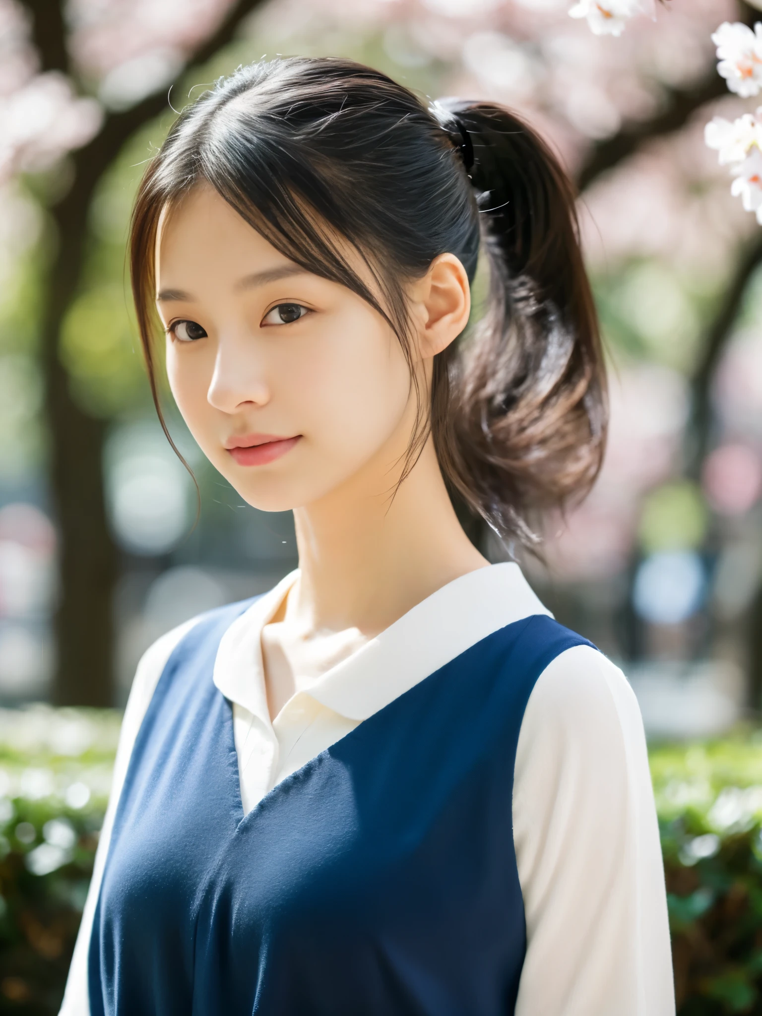 Photoreal, 8K full-length portrait, Beautiful woman, ponytail, attractive look, Clear system, 18-year-old, Tokyo, 2024, spring, Shibuya in the background