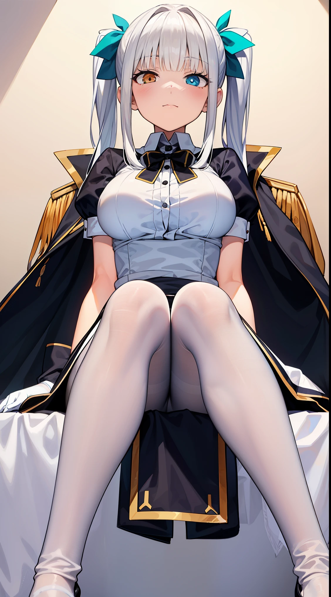 1girl,Kagura Mea ,white hair,heterochromia,half-closed eyes,(jitome1.5),a dress with short sleeves,shawl coat,military uniform,puff sleeves,boob bag,glove,white pantyhose,pigtails,sitting on bed,cross one's legs,2legs,legs focus,from below