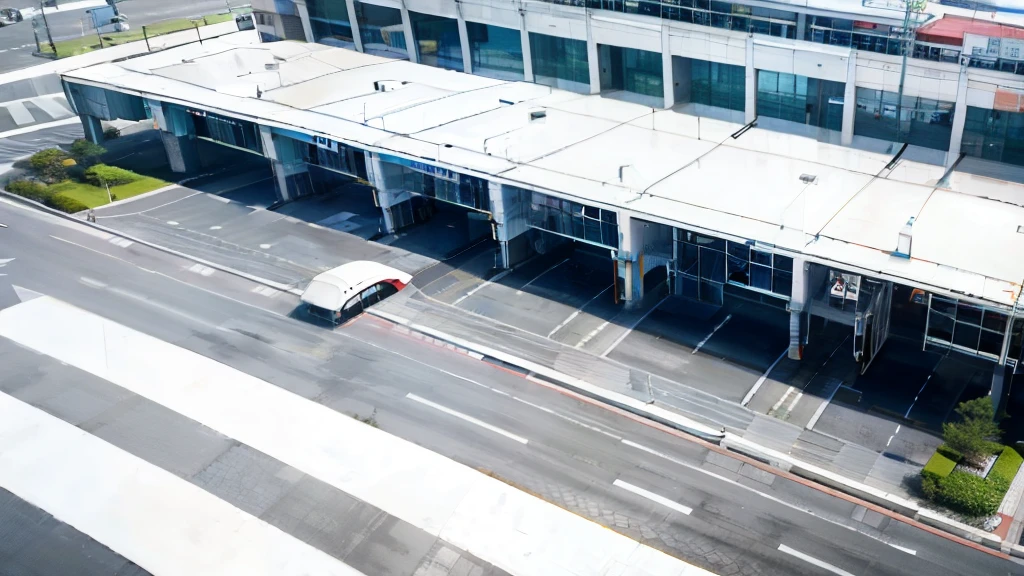 bus terminal, withv white color, bird eye angle, very long shot