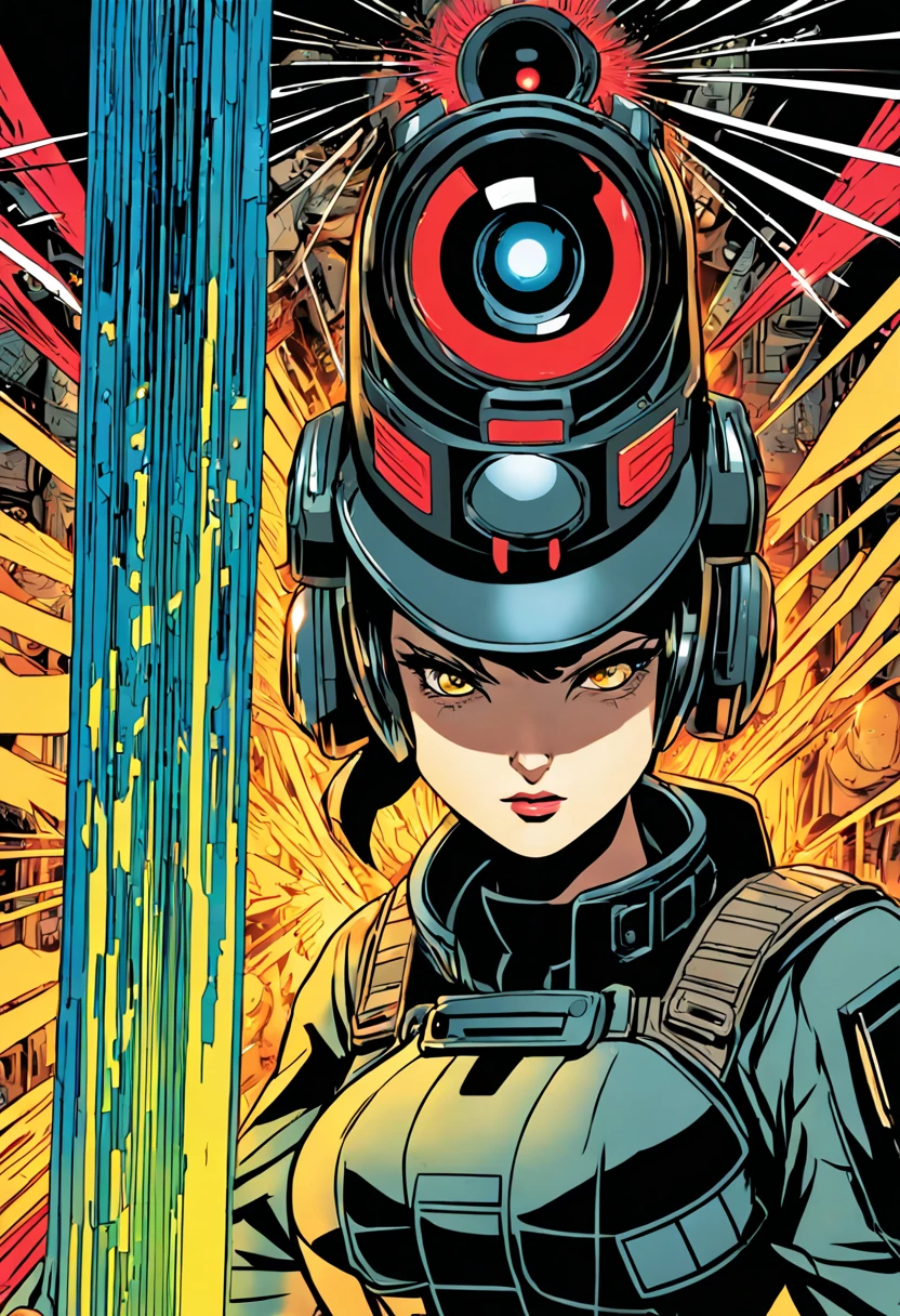 1girl, a Secret Agent with gadgets visible on a tactical belt, sneaking through a laser security system in a museum with ancient artifacts, comic book cover, bold ink outlines with cell shading, from Marvel Comics and DC Comics, 800mm, extreme close-up of the agent's focused eyes with reflection of the lasers, high resolution with dynamic action lines and color splash effects