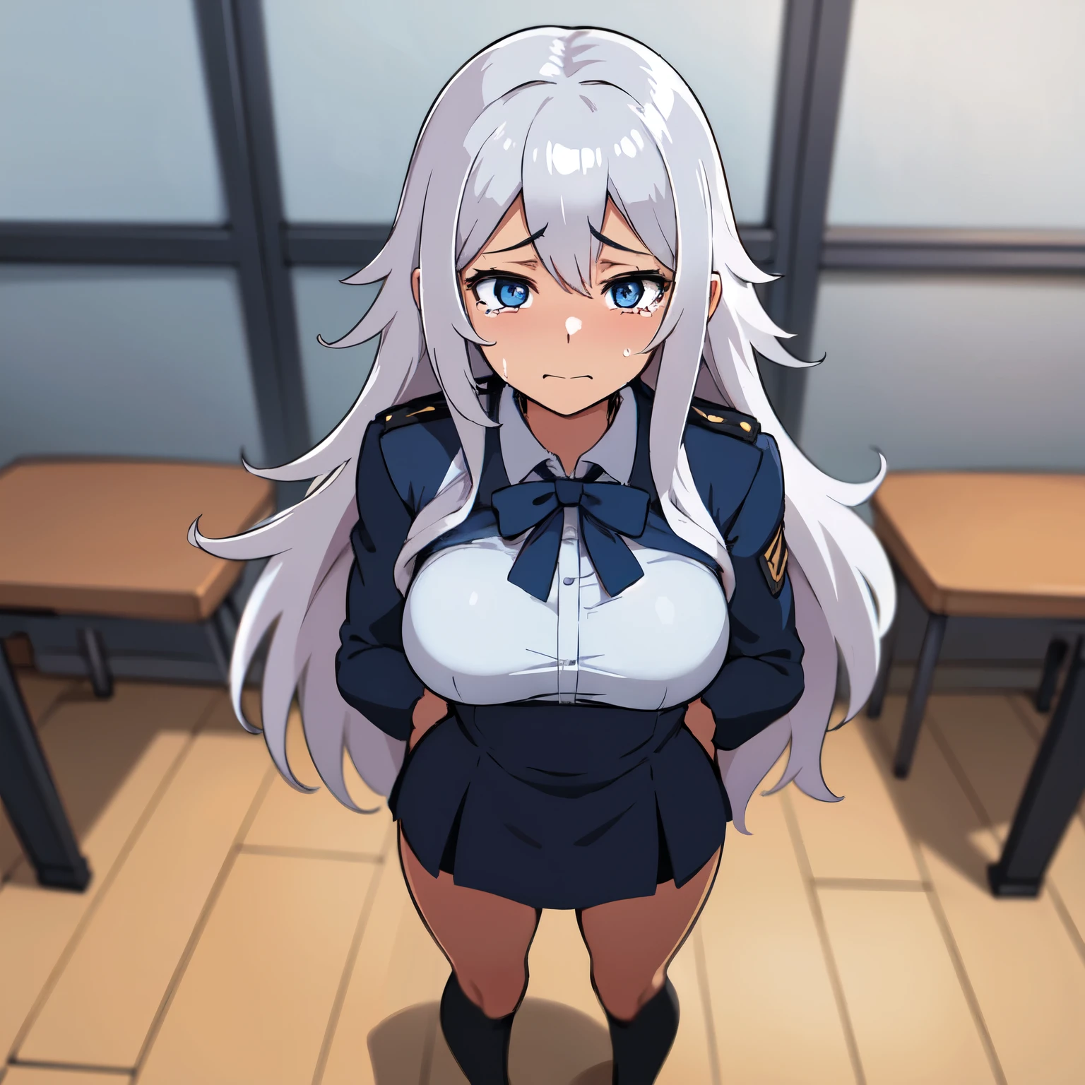 calidad superior, Obra maestra, Ultra high resolution,Anime illustration of a girl with long gray hair, blue eyes, very small breasts, wearing a  uniform, standing in a classroom crying and having many tears on her cheeks. 