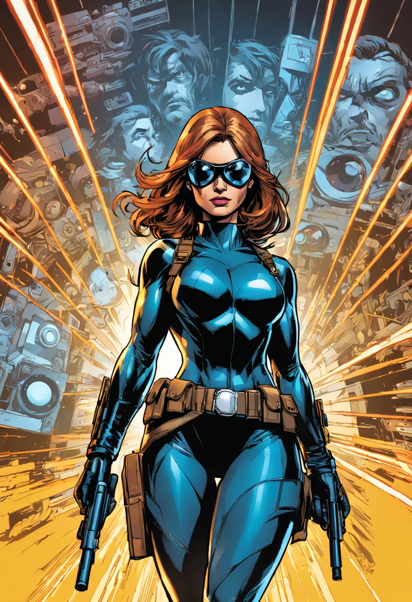 Type of Image comic book cover, Subject Description a Secret Agent with gadgets visible on a tactical belt, sneaking through a laser security system in a museum with ancient artifacts, Art Styles bold ink outlines with cell shading, Art Inspirations from Marvel Comics and DC Comics, Camera 800mm, Shot extreme close-up of the agent's focused eyes with reflection of the lasers, Render Related Information high resolution with dynamic action lines and color splash effects