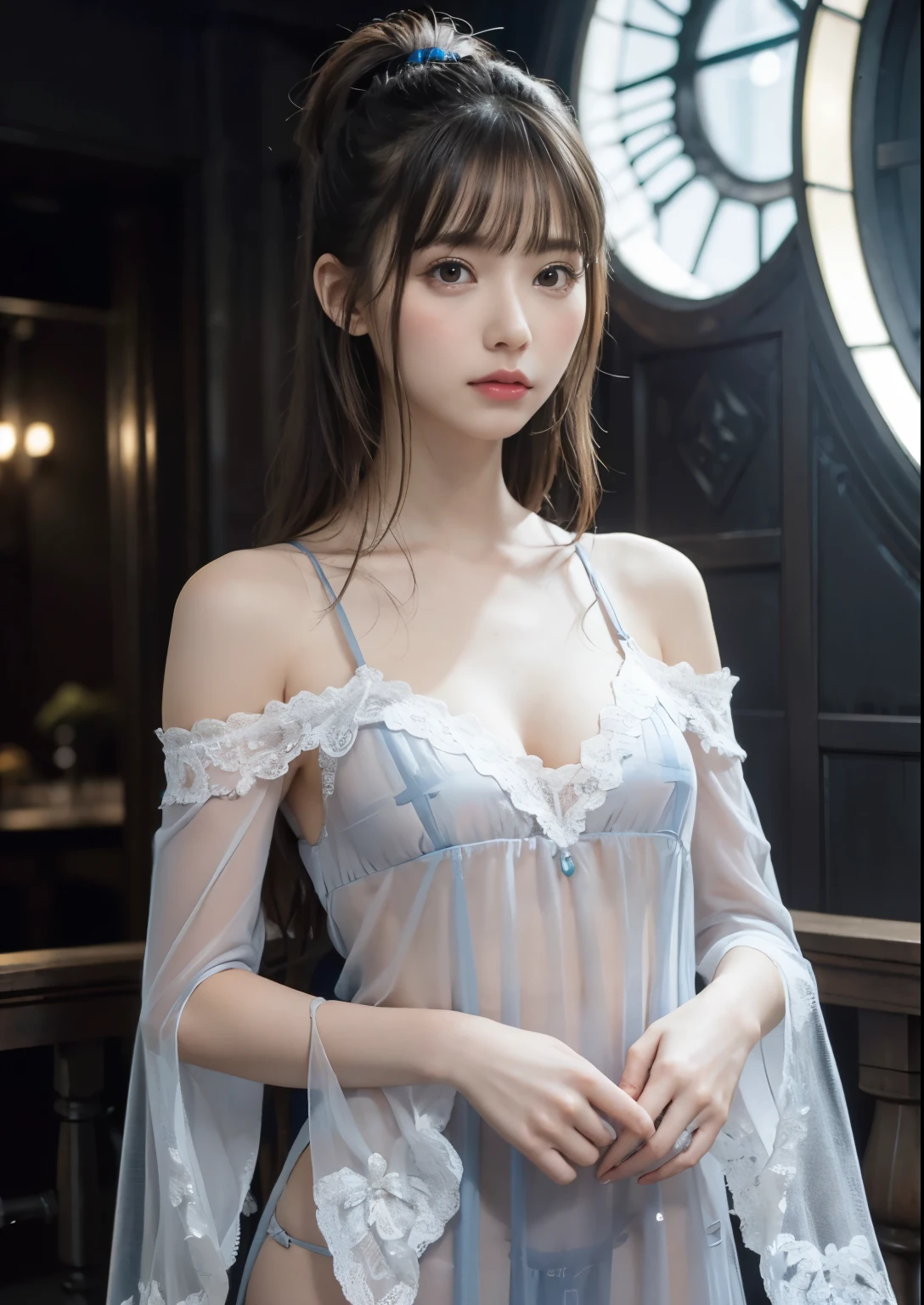 NSFW,((of the highest quality、8K、Obra maestra:1.3))、pelo largo y gris、Todo el cuerpo、estilo indio、Chica con cara delicada，mejor calidad de imagen，Super transparent，Her face is small and cute.，Sheer Off Shoulder Nightgown、Viene con liguero a juego.,maquillaje natural、machine arm，detalles exquisitos，(camels too)、mechanical pattern,Personajes ciberpunk、cyber city、Gente々number of、Numero de piezas、numero total、alma、