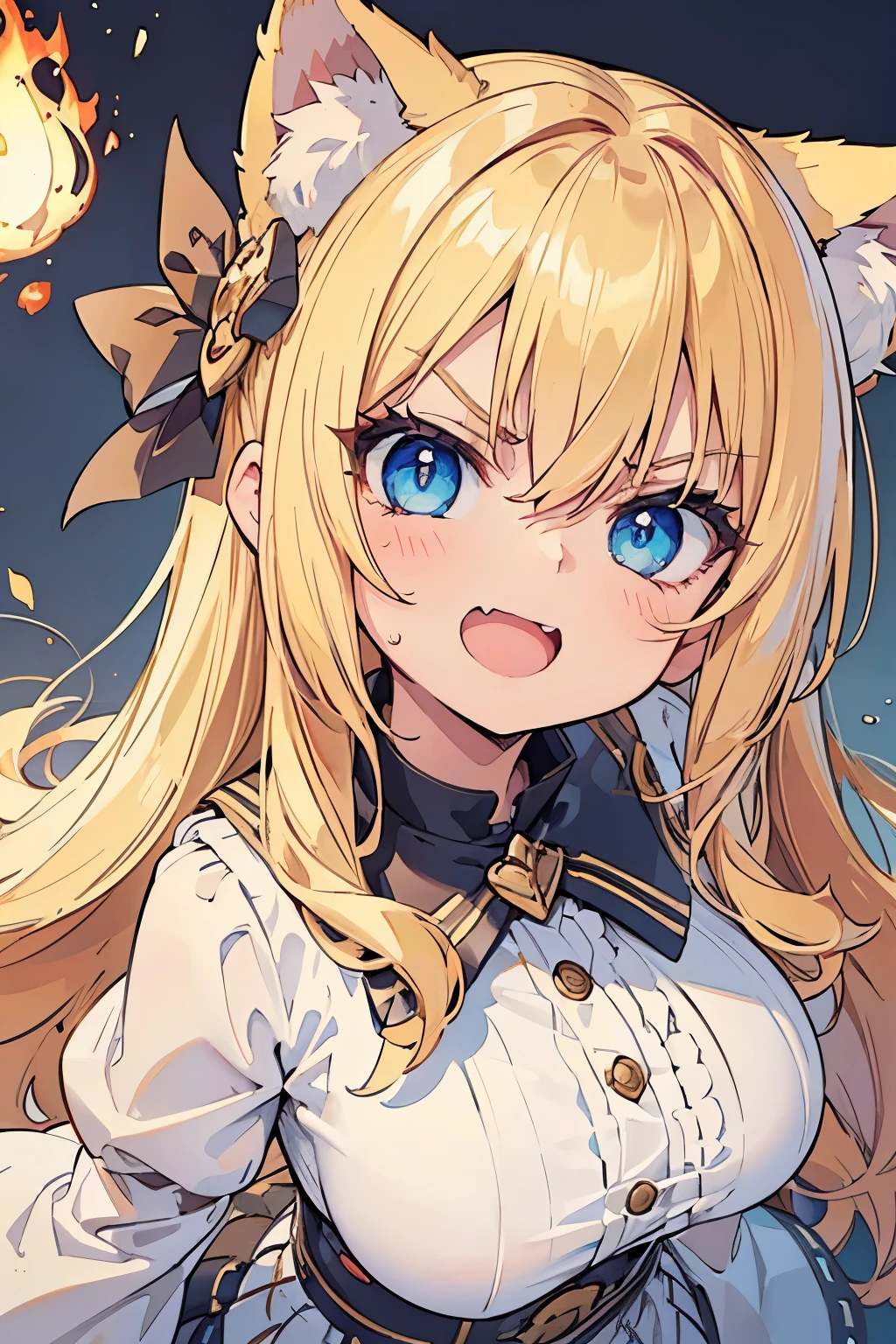 (masterpiece:1.2), (highest quality:1.2), perfect eyes, perfect face, perfect lighting, no background, 1 girl Cat ear (big breasts) blonde blue eyes , ((Webby Hair)), blunt bangs, noble long hair, cute eyes, Medium chest, ((((bright)))), , vivid description, ((abs)), Tsurime, open mouth, angry, smile, flame white wizard , medium breast, ((((glaring)))), ((from above)), ((front)), open mouth, Vivid depiction, ahegao, hair ornament, smile+happy, smile, Are standing (tooth), ((looking up:1.3))), (face close up:1.4) orgasm, scared,