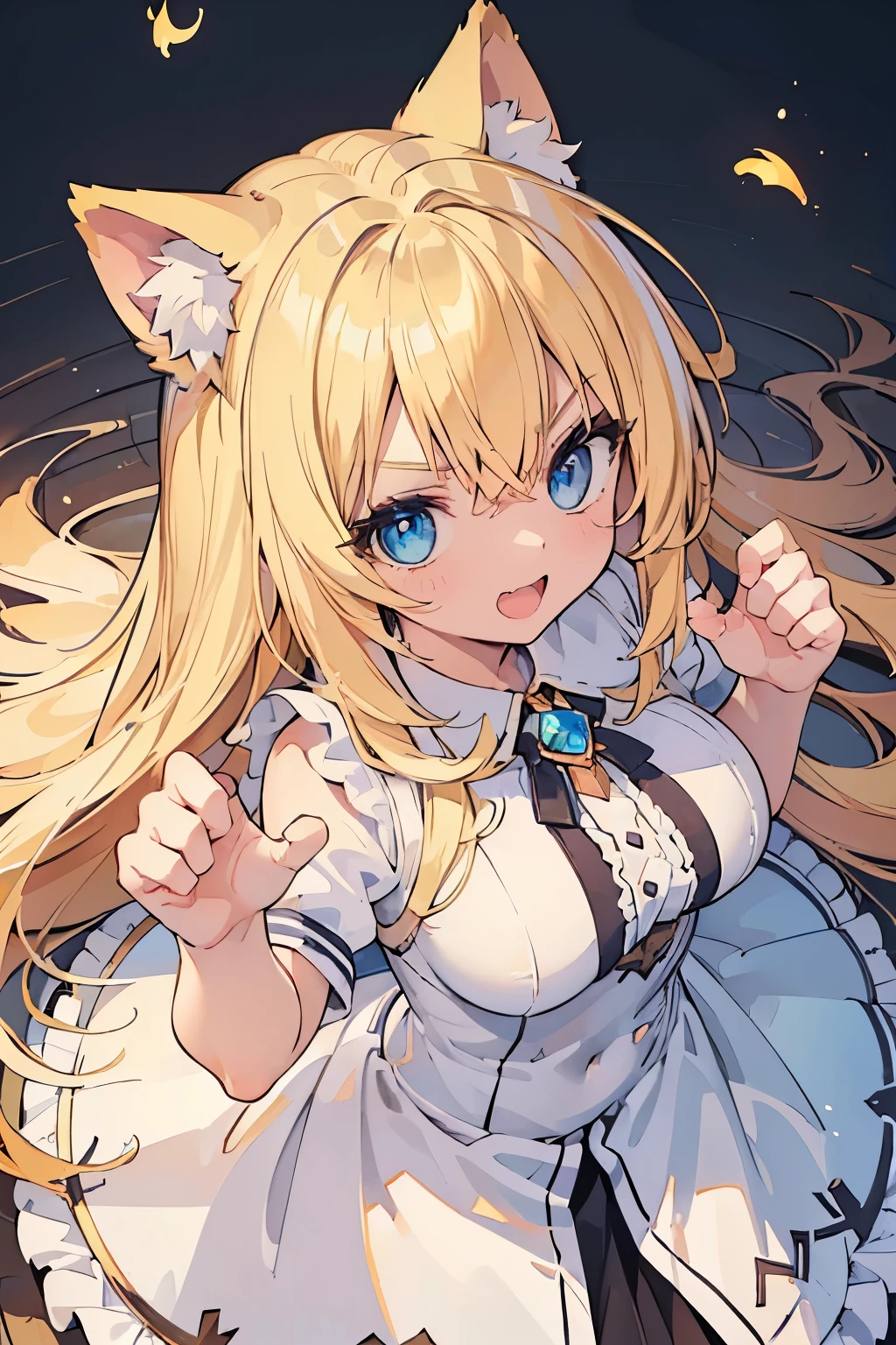 (masterpiece:1.2), (highest quality:1.2), perfect eyes, perfect face, perfect lighting, no background, 1 girl Cat ear (big breasts) blonde blue eyes , ((Webby Hair)), noble long hair, cute eyes, Medium chest, ((((bright)))), ((From above)), ((front)), vivid description, ((abs)), Tsurime, open mouth, angry, smile, fighting pose, fang, flame white wizard dress