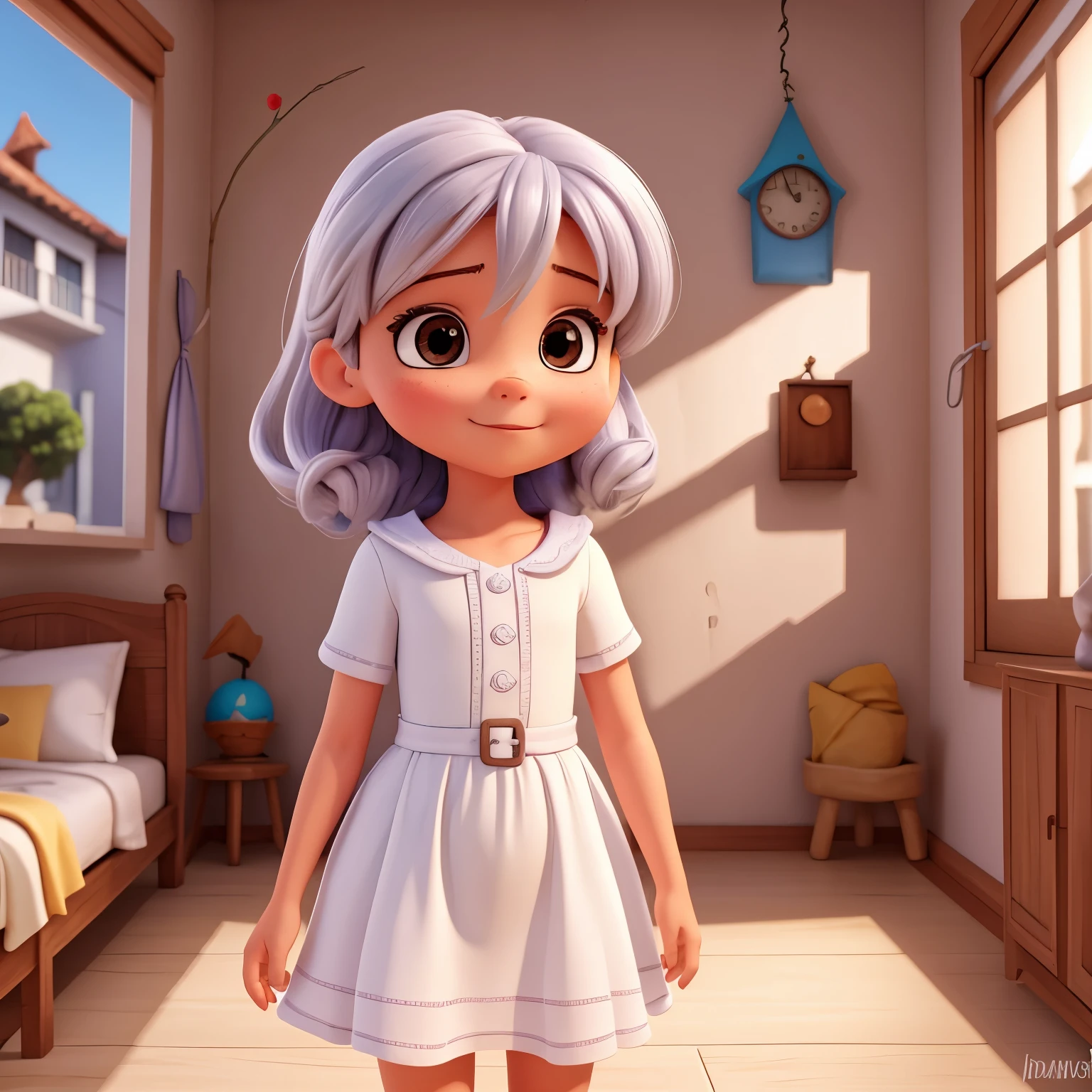 Uma pequena aventureira de 6 anos de idade,em seu quarto com fundo branco. Cabelos castanhos, vestido vermelho, fofa, alegre