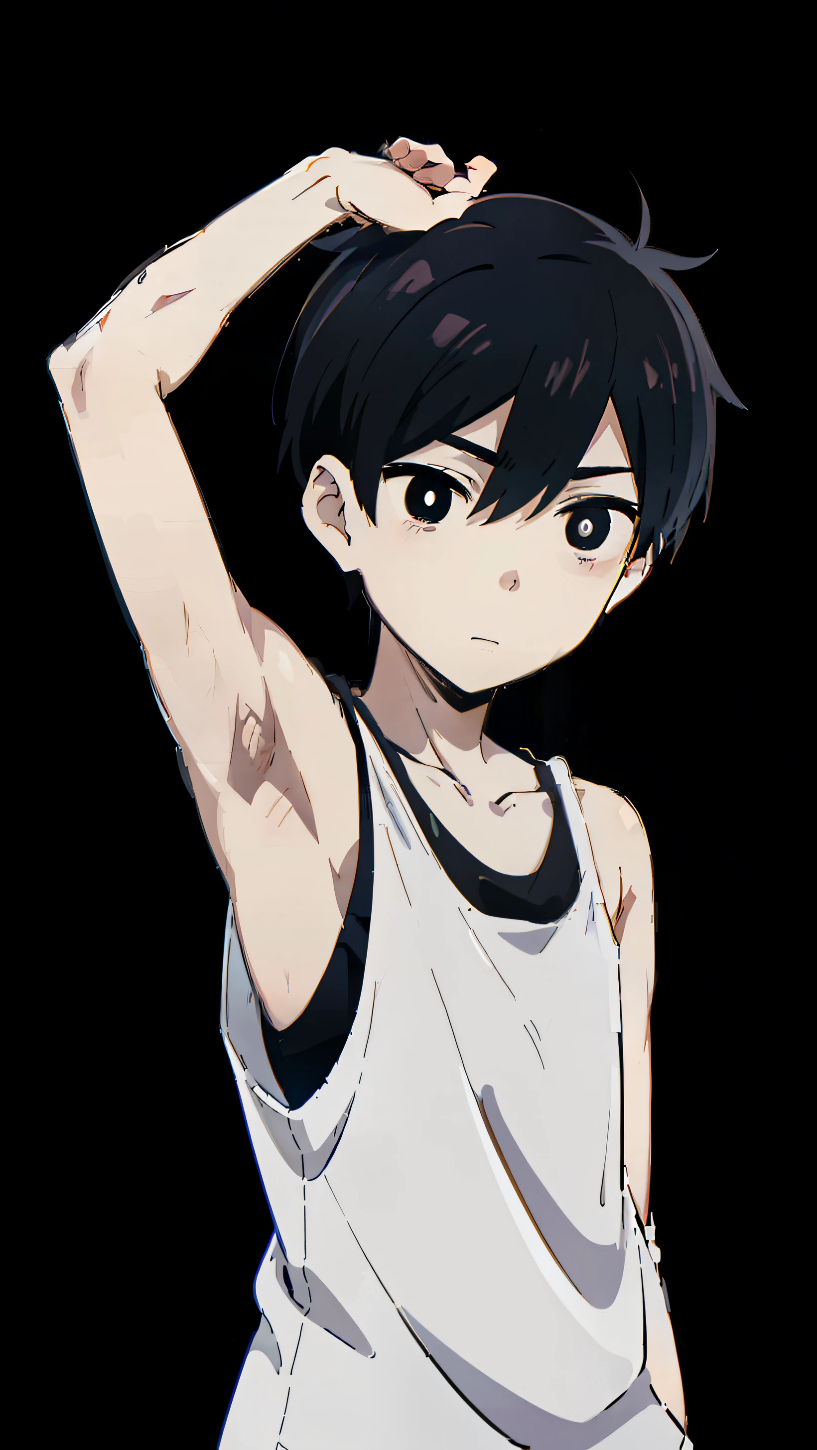 Highres, Masterpiece, Best quality at best,High-quality illustrations, Best Quality,hight quality, hight detailed, Anime style, monochrome,tcoaal, solo, looking at viewer, short hair, 1boy, Omori, Shota, Happy,black hair, (Armpit:1.3), (Shirtless, Topless, Bare chest, Without clouth), Body, Slim body, Shy, male focus, Simple background, bright pupils, outline, white pupils, Black hoodie, white outline, Smooth image, 4k, Uhd, Bokeh
