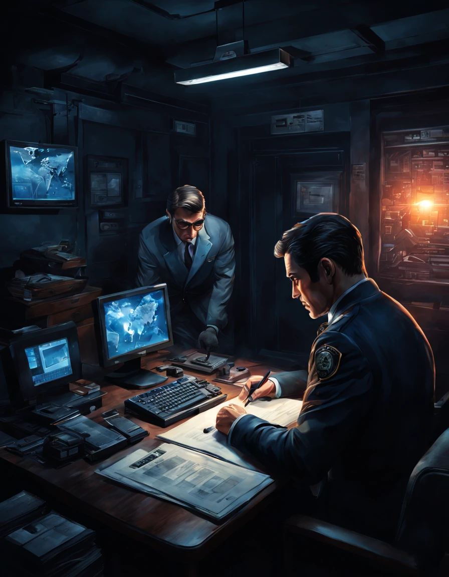 high-res detailed illustration,dark lighting,secret agent,spy,undercover operation,stealthy approach,paperwork,fingerprint analysis,encrypted files,high-tech gadgets,hidden compartments,surveillance cameras,secret codes,night vision goggles,defusing bombs,covert mission,disguise,briefcase handcuffed to agent's wrist,high-stakes operation,classified information,confidential documents,safe house,interrogation room,explosions in the background,trained in combat,quick reflexes,sharpshooting skills,secret hideout,hidden entrances,global conspiracy,suspenseful atmosphere,conspiracy theories,secret society,tracking devices,silenced pistol,nighttime cityscape,off the grid,untraceable communication devices,code names,underground network,cyber espionage,intelligence gathering,escaping capture,adrenaline rush. (best quality,highres:1.2),ultra-detailed,realistic,concept art:vivid colors,shadowy scenes)