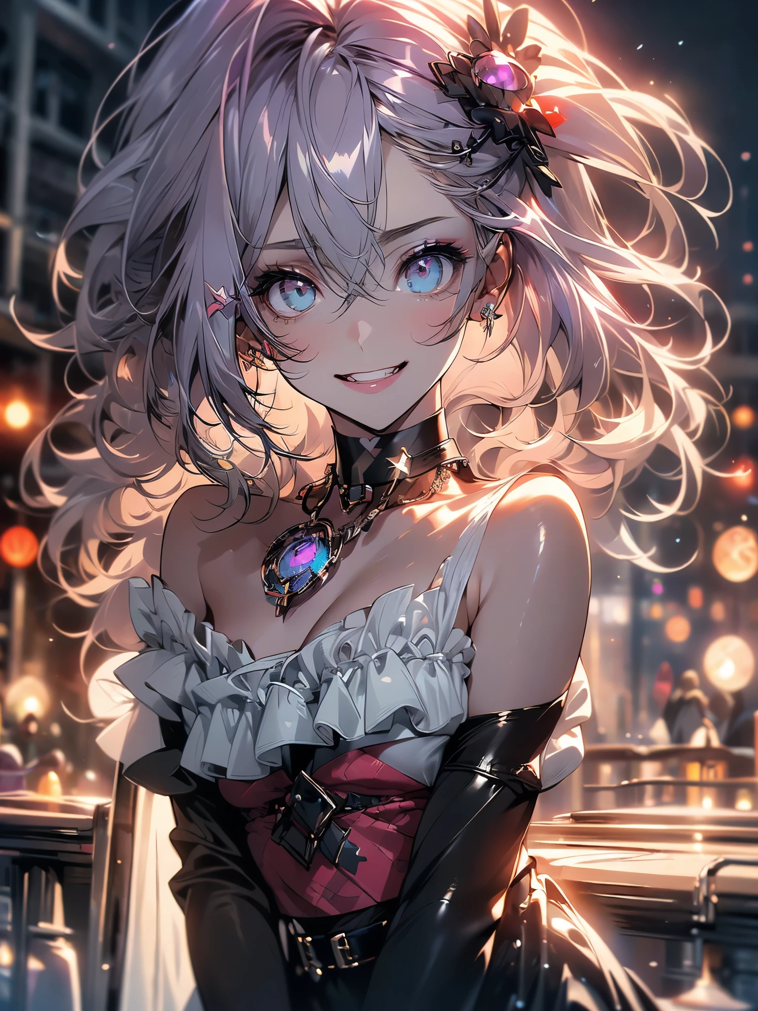 scene:0.9, (masterpiece), highest quality, (((super detailed, 8K quality))), looking at the viewer, (sense of depth:0.7, black background,), ((body)), ((in the center)), shining eyes, ((enchanting eyes, smile, close, ネックchoker, ((software)), oversized black jacket, face focus, (clenched teeth), (devious smile, evil eye), at night, dark, woman, high contrast color, hair above one eye, red eyes, clear eyes, choker, , woman1名, Full body Esbian,blue eye background, big and full breasts, anger, (scarlet hair), long hair, purple eyes, (natural skin texture 鮮やかな詳細, surreal, (realistic detailed eyes, natural skin texture, realistic facial details),surreal, 35mm movie, hazy blur, (lipstick, eye shadow, red pink lips),多色のred eyes, purple theme,Wear an iridescent aura,beautiful eyes,bold pose、decide on a pose,upper ponytail,hanging bangs