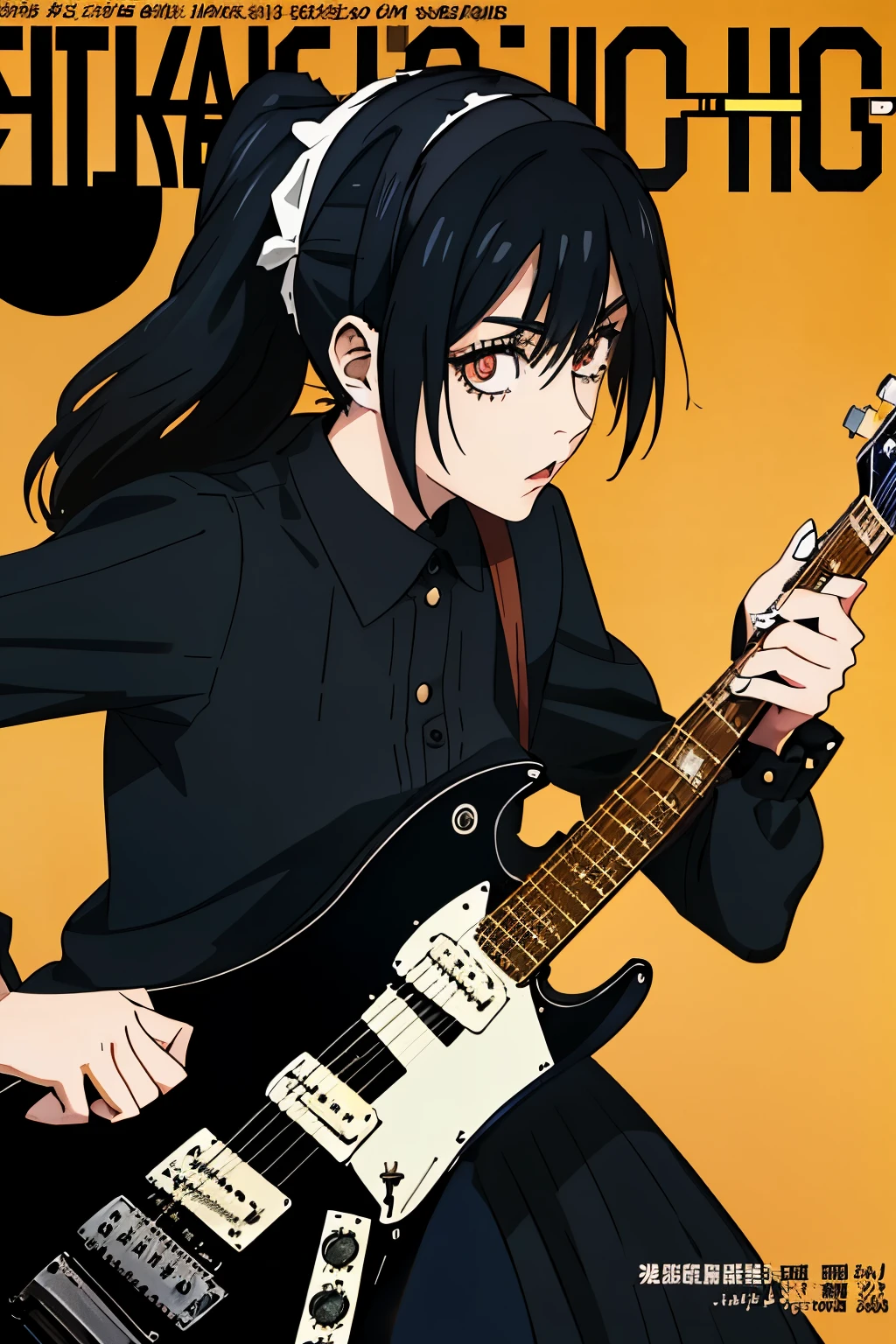 1 girl, neko-chan, (Gothic lolita style stage costume), jet black hair, (play electric guitar), ((electric guitar in hand)), best shadow, (highest quality, amazing details:1.25), ((magazine cover)), magazine title, article,