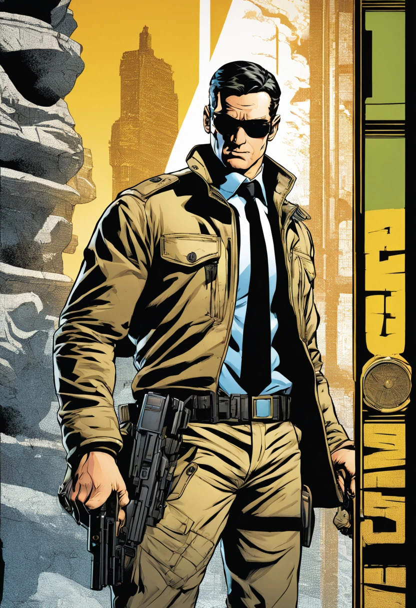 Type of Image comic book cover, Subject Description a Secret Agent with gadgets visible on a tactical belt, sneaking through a laser security system in a museum with ancient artifacts, Art Styles bold ink outlines with cell shading, Art Inspirations from Marvel Comics and DC Comics, Camera 800mm, Shot extreme close-up of the agent's focused eyes with reflection of the lasers, Render Related Information high resolution with dynamic action lines and color splash effects