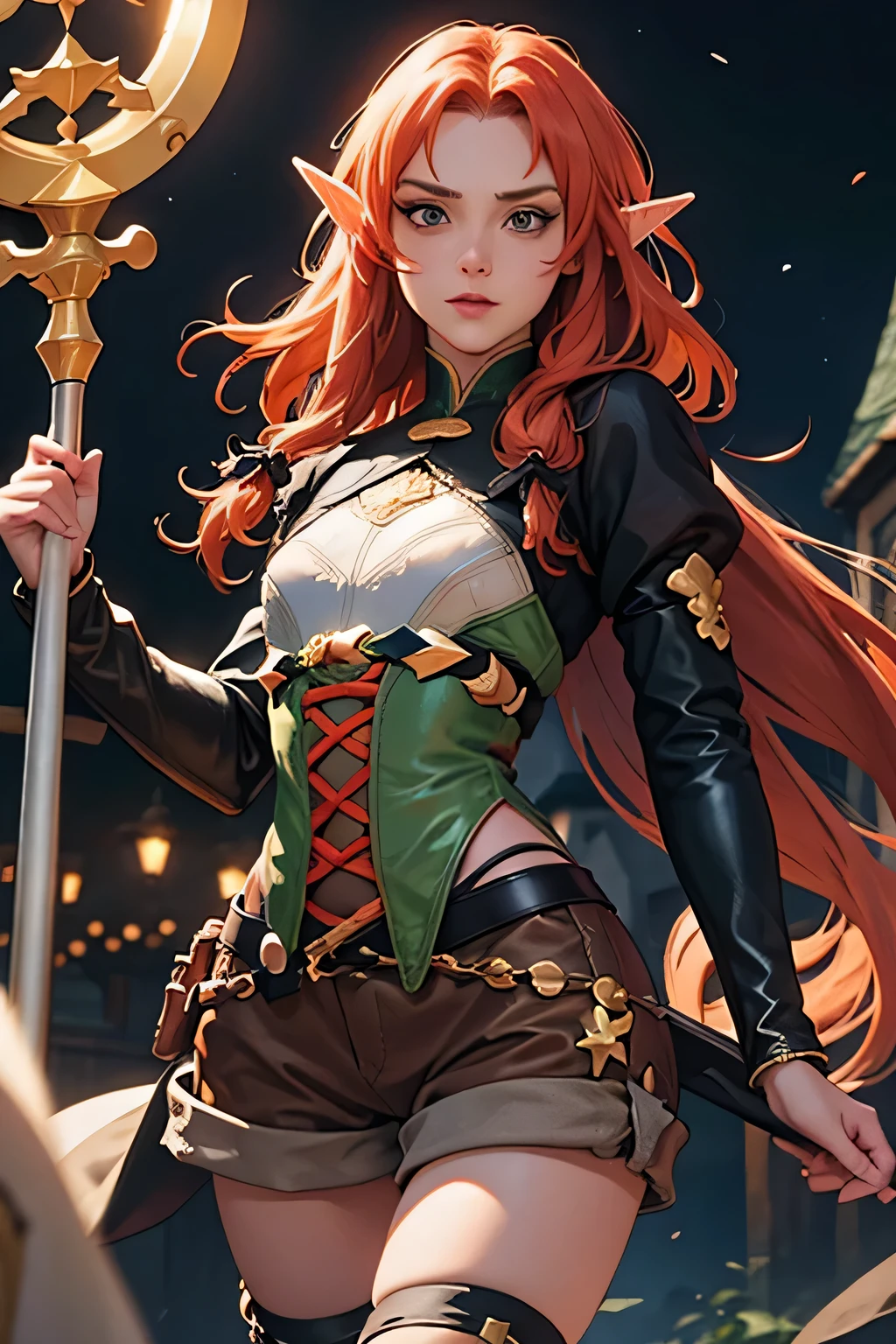 A medieval half-elf cleric., with intricately detailed clothing from medieval times, He holds a staff and boasts long, rojo fuego, untamed hair. La escena se desarrolla en el exterior de una noche iluminada por la luna.. la imagen es extremadamente detallada, vibrante en apariencia, creativamente expresivo, and of the highest quality. Skin texture is intricately rendered., revelando poros y venas complejas. The cane and hair have a raw texture., adding to the overall cinematic lighting effect. Este fondo de pantalla 8K cg es una verdadera obra maestra, showing higher resolution, detalles intrincados, y un imaginativo, spontaneous composition.