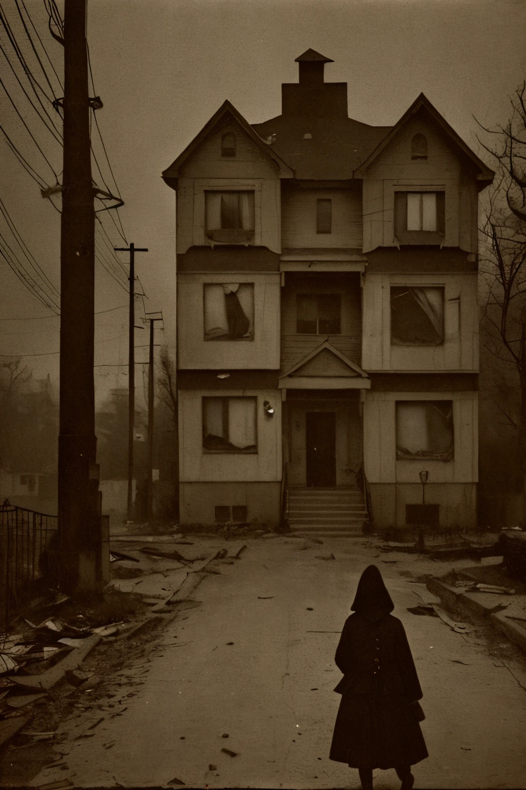 Picture a neighborhood gripped by fear and uncertainty, where residents barricade themselves indoors to protect against rampant crime and lawlessness. The streets, once bustling with life, now lie deserted and eerie under the veil of darkness. Homes are fortified with heavy locks and barred windows, resembling fortresses in a war zone. Fearful whispers echo through the abandoned streets as shadows dance ominously in the flickering streetlights. The air is thick with tension, each rustle of leaves or distant sound sending shivers down spines. Yet amidst the fear, a glimmer of hope remains, as neighbors unite in solidarity, determined to weather the storm together. 

Immerse yourself in this haunting scene, captured by the renowned photographer Diane Arbus. With her