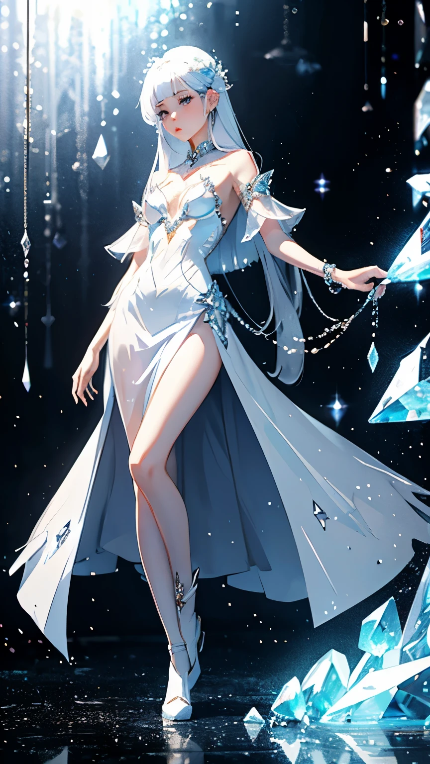 Girl crystal, chipped, shimmering inside, full height, many details, melancholy, Girl composed of crystal, white skin, full length, woman